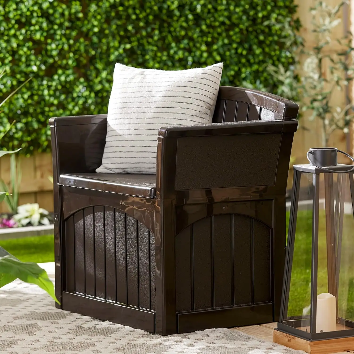 31 Gallon Outdoor Backyard Garden Patio Seat Storage and Bench Chair with Arm Rest. Java