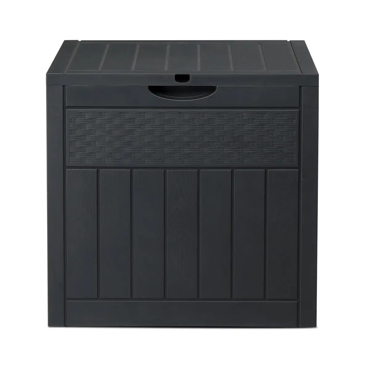 33 Gallon Square Wood & Rattan Plastic Yard Storage Box with Built-in Handles. Outdoor Storage Deck Box Chest for Backyard. Porch. Patio. Garden. All-Weather Storage Container for Tools. Toys. Gray