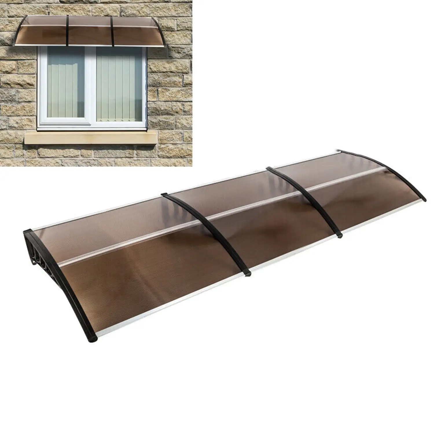 38 x 118 Window Awning Door Canopy Polycarbonate Door Sun Shetter UV Rain Snow Sunlight Protection Hollow Sheet Brown+Black