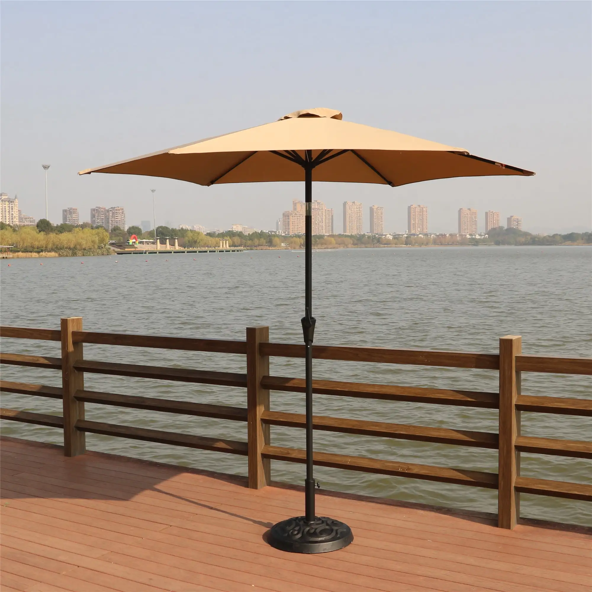 8.8FT Outdoor Aluminum Patio Umbrella. Outdoor Solar Powered Patio Umbrella with 6 steel Rib. Round Market Umbrella. Crank and Push Button Tilt for Garden. Deck. Market and Pool. Taupe