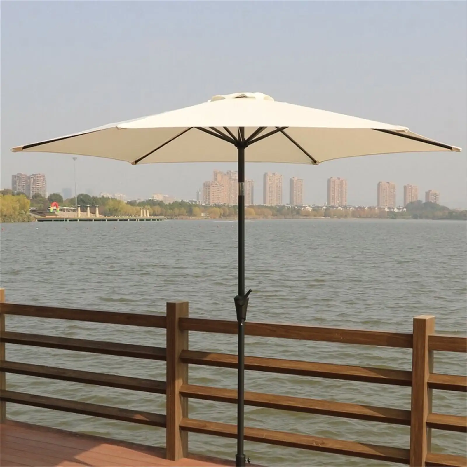 8.8 FT Patio Umbrella. Aluminum Market Umbrella with Push Button Tilt and Crank Lift. Outdoor Table Umbrella with 42 Pounds Round Resin Umbrella Base for Garden. Deck. Backyard. Pool. Cream