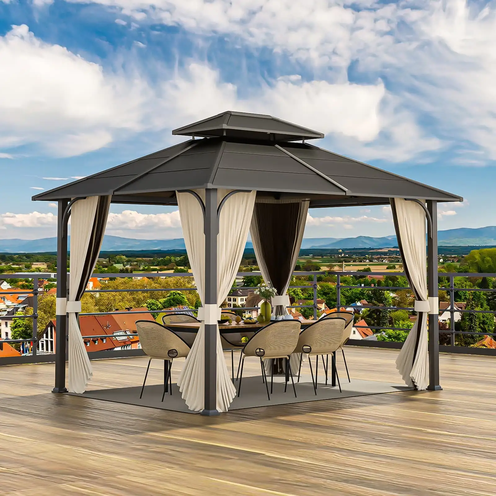 Gazebo 10x12. Outdoor Hardtop Gazebo with Durable Metal Frame. Galvanized Steel Double Top Gazebo With Ventilation. All-Weather Metal Gazebo with Netting and Curtains. For Patios Gardens Lawns