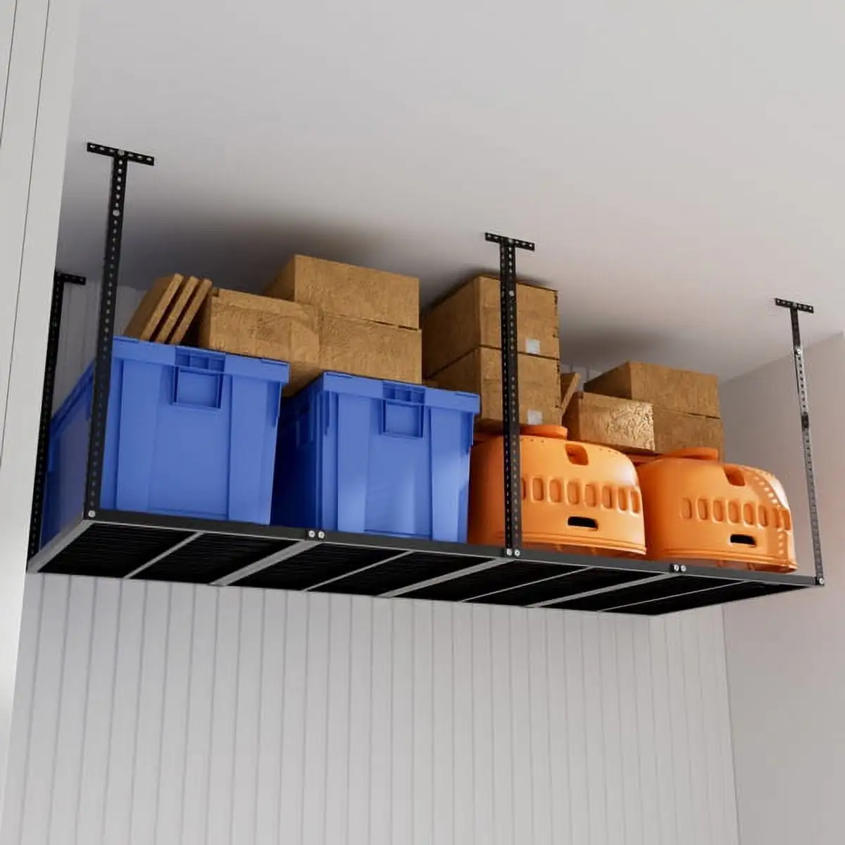 3x8 Overhead Garage Storage Rack. Heavy Duty Adjustable Ceiling Mounted Storage Racks. 750LBS Weight Capacity. Black