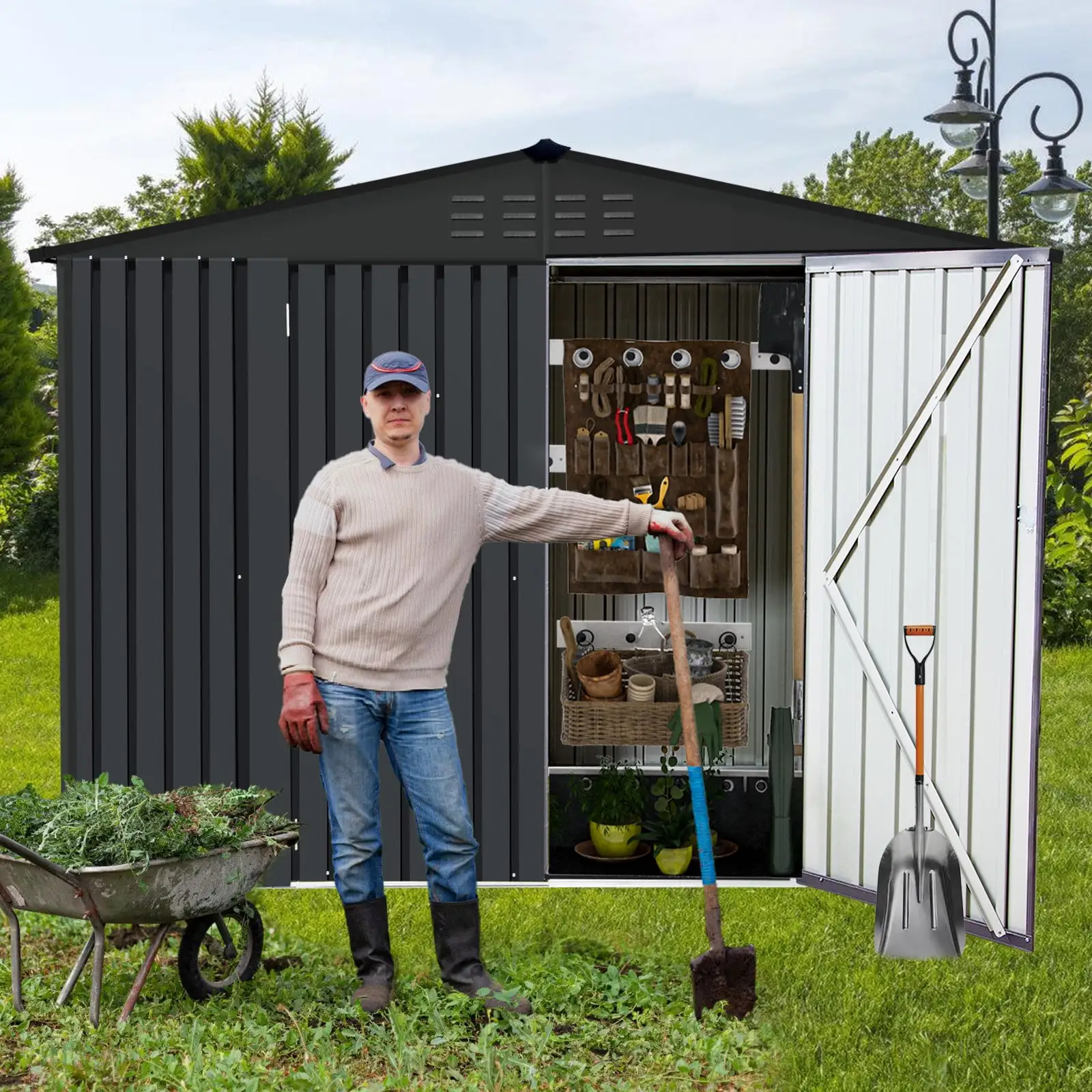 4.2 FTx 9.1FT Metal Storage Shed Outdoor Storage Shed with Lockable Door Tool Storage Shed for Backyard. Dark Gray