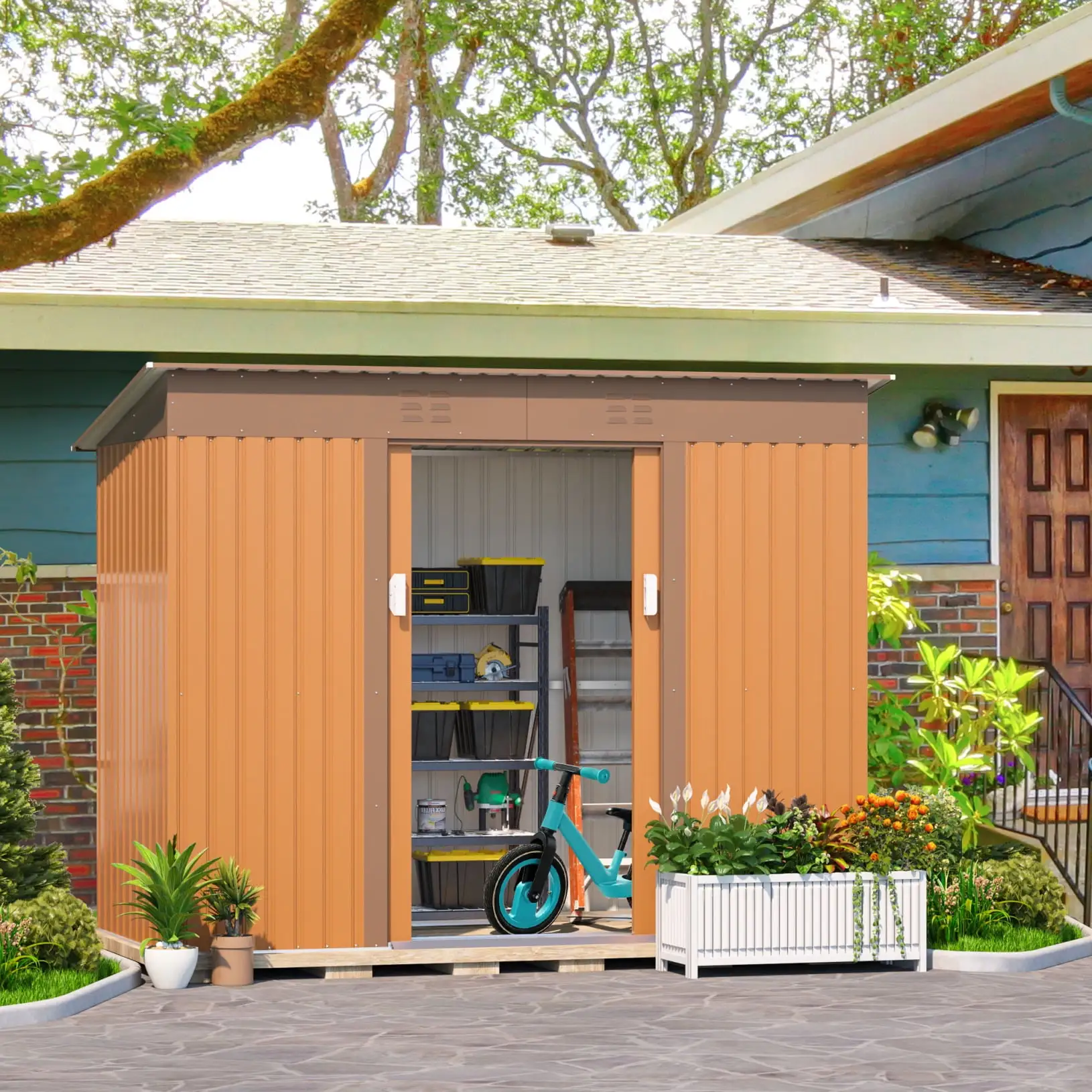 4.2 x 9.1 Ft Outdoor Garden Storage Shed. Yard Metal Tool with Lockable Doors Vents. Storage House for Patio. Lawn. Backyard.Brown