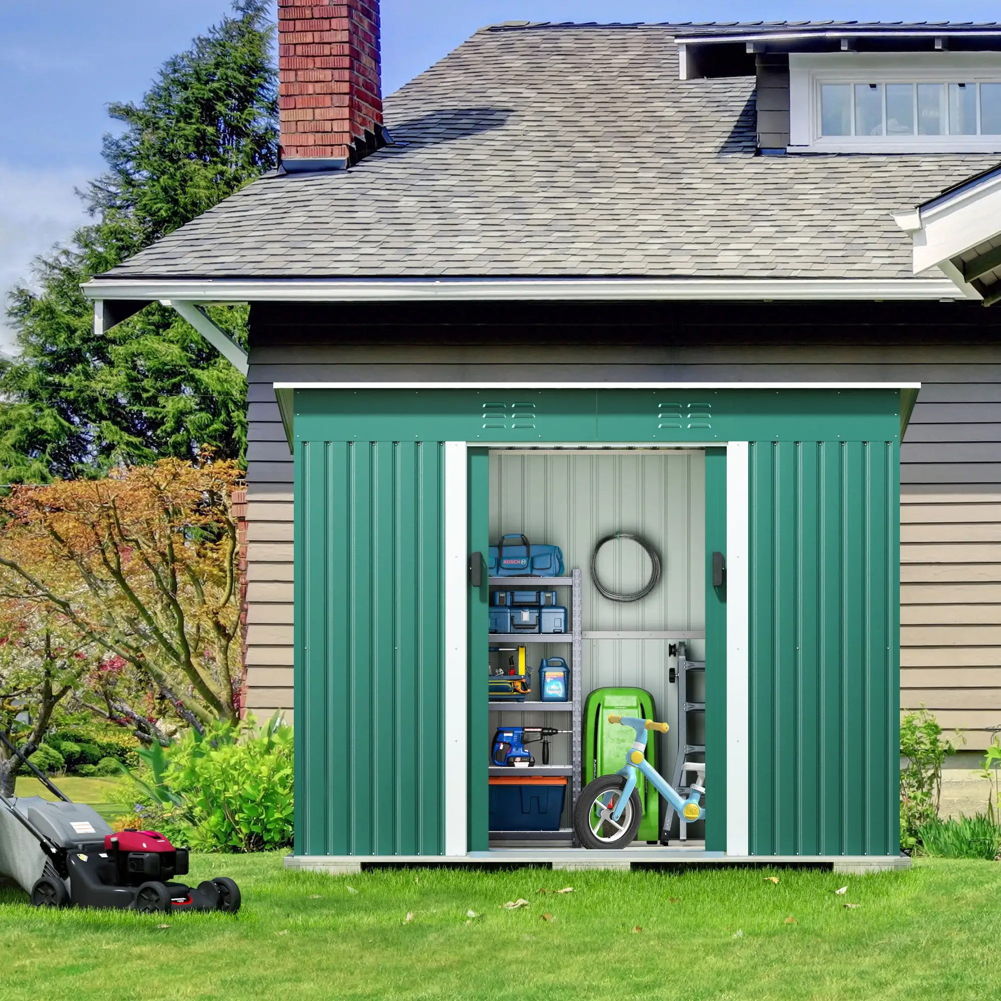 4.2 x 9.1 Ft Outdoor Storage Shed. Metal Tool Shed with Lockable Doors Vents. Utility Garden Shed for Patio Lawn Backyard. Green