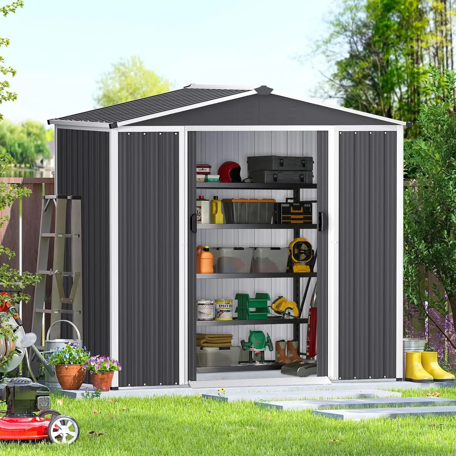 4??6 Ft Outdoor Storage Shed Tool House Garden Steel Shed Walk-In Gray 4X6 Ft