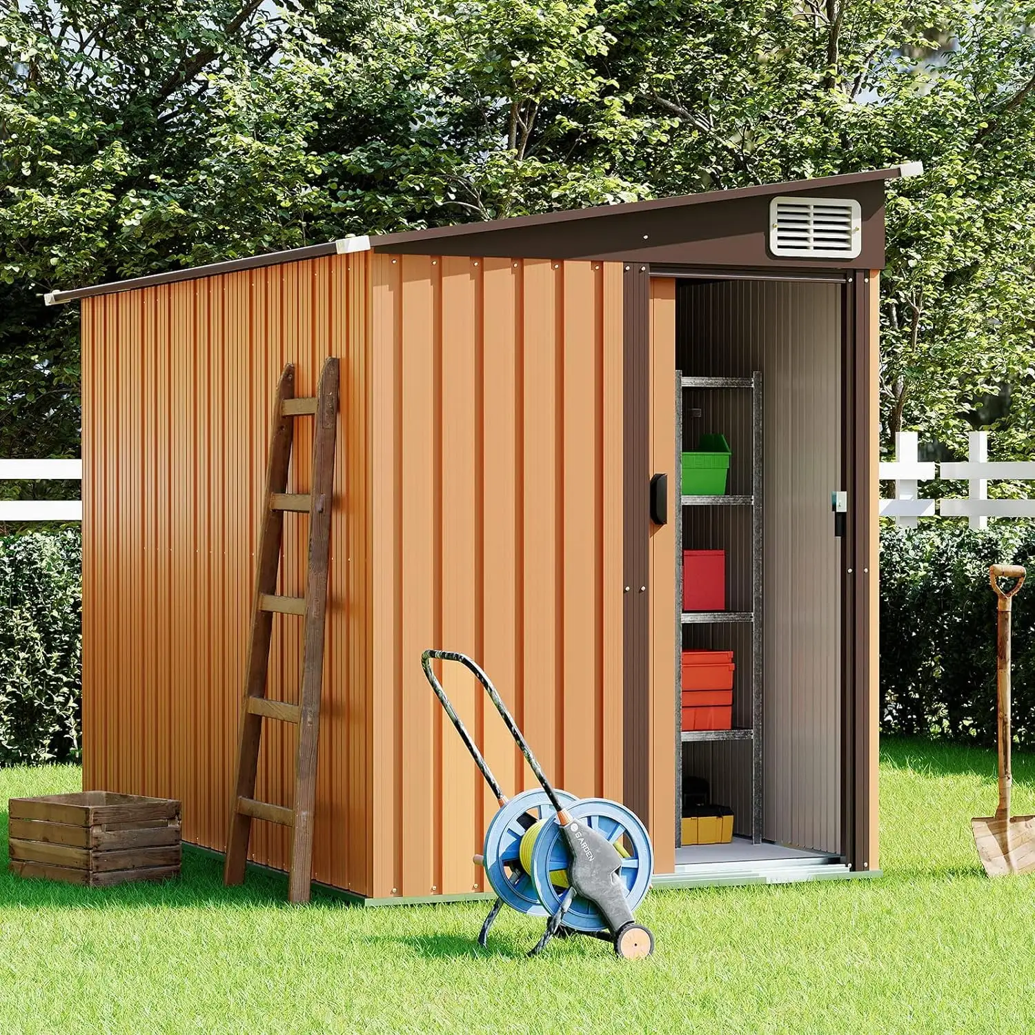 4.6' X 6.4' Outdoor Storage Shed. Metal Sheds & Outdoor Storage With Lockable Door And Vents. Garden Shed Tool Storage Shed For Backyard Patio Lawn. Brown