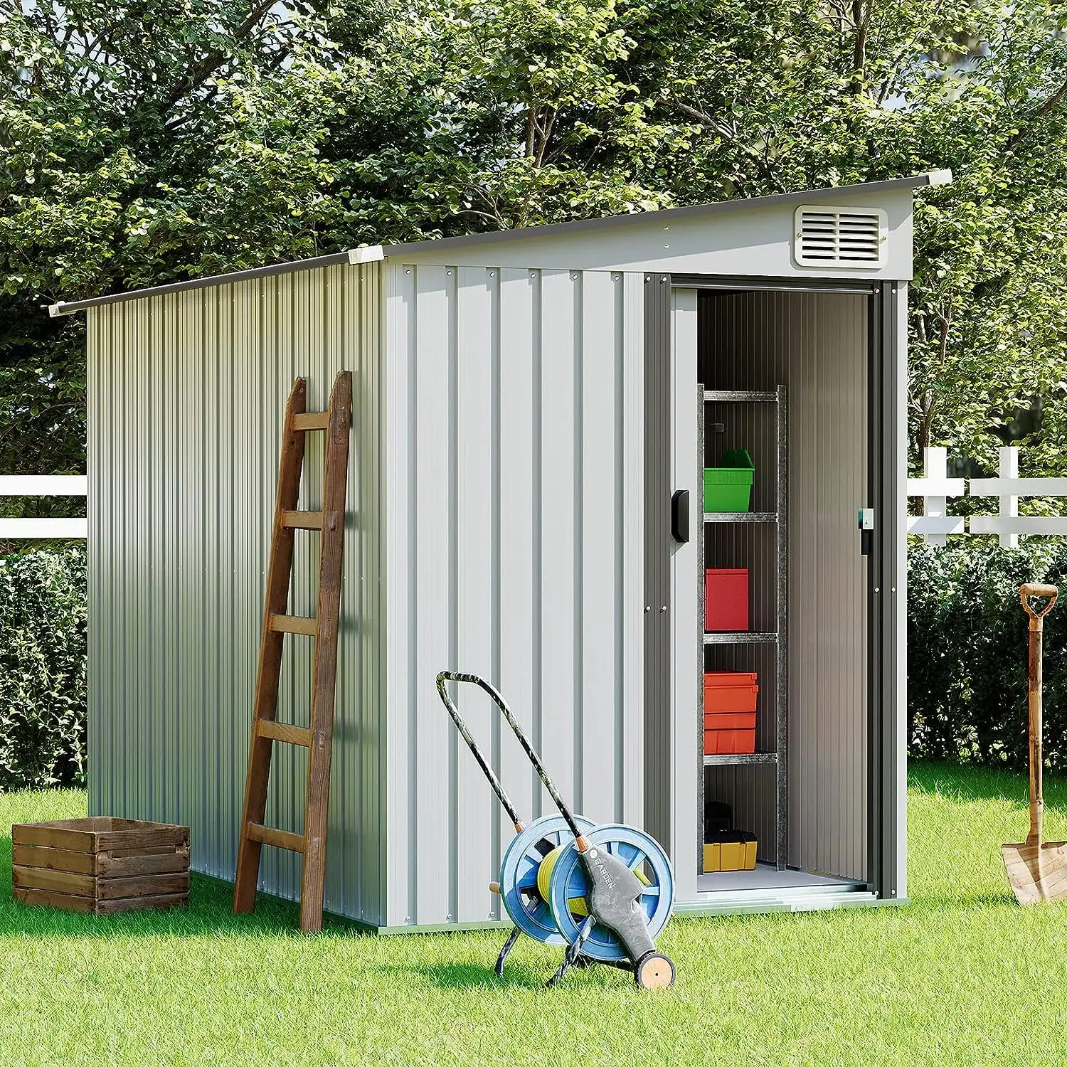 4.6' X 6.4' Outdoor Storage Shed. Metal Sheds & Outdoor Storage With Lockable Door And Vents. Garden Shed Tool Storage Shed For Backyard Patio Lawn. White