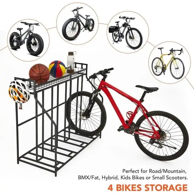 4 Bike Stand Rack with Storage ?C Indoor Outdoor Bike Storage. Metal Stationary Bike Stand for Parking Mountain/Road/Hybrid/Fat Tire & Scooters Bike Rack for Garage