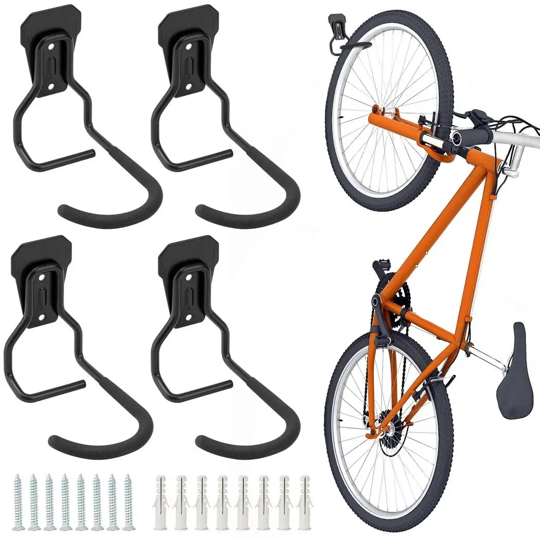 4 Packs Bike Wall Hooks. Heavy Duty Bicycle Wall Mount Hangers with 77-99lb Load Capacity. Vertical Bike Storage Holder Racks for Garage. Shed Corner. Include Installation Fittings