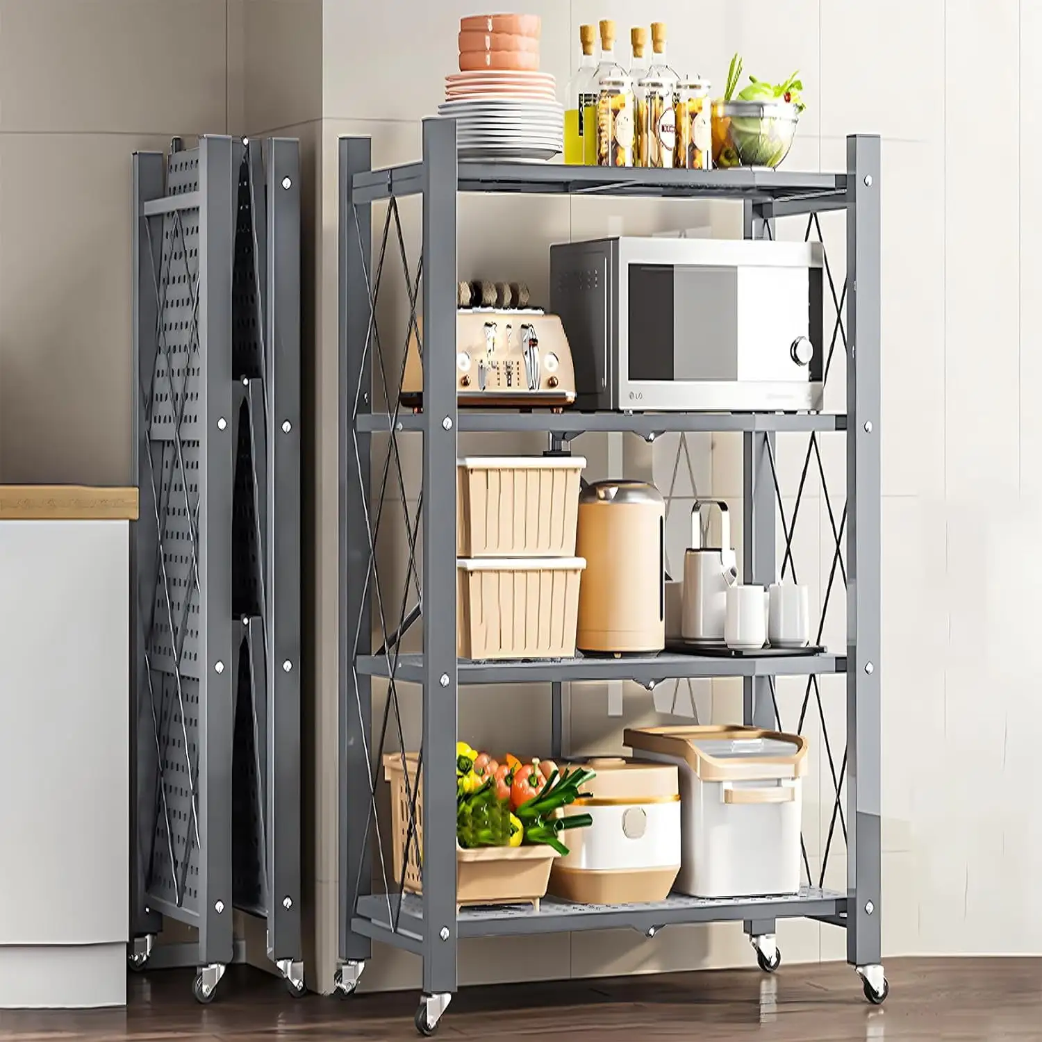 4-Shelf Foldable Storage Shelf with Wheels.Heavy Duty Metal Collapsible Shelving Unit Display.No Assembly Organizer Wire Shelf Rack for Garage Kitchen. Basement. Pantry.Grey.