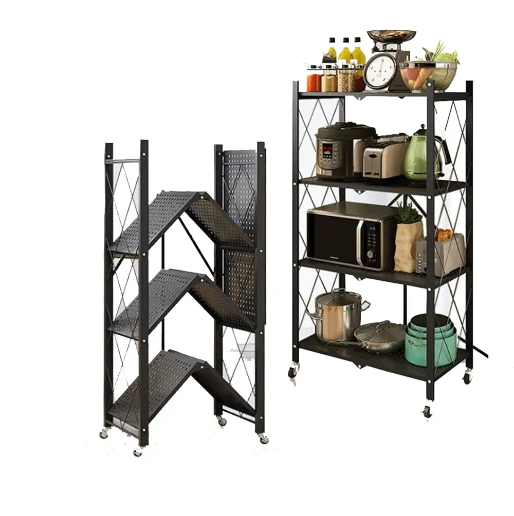 4-Shelf Foldable Storage Shelves with Wheels. Folding Metal Rack Shelving Unit. Heavy Duty No Assembly Organizer Shelf for Garage. Kitchen. Basement. Pantry. Black