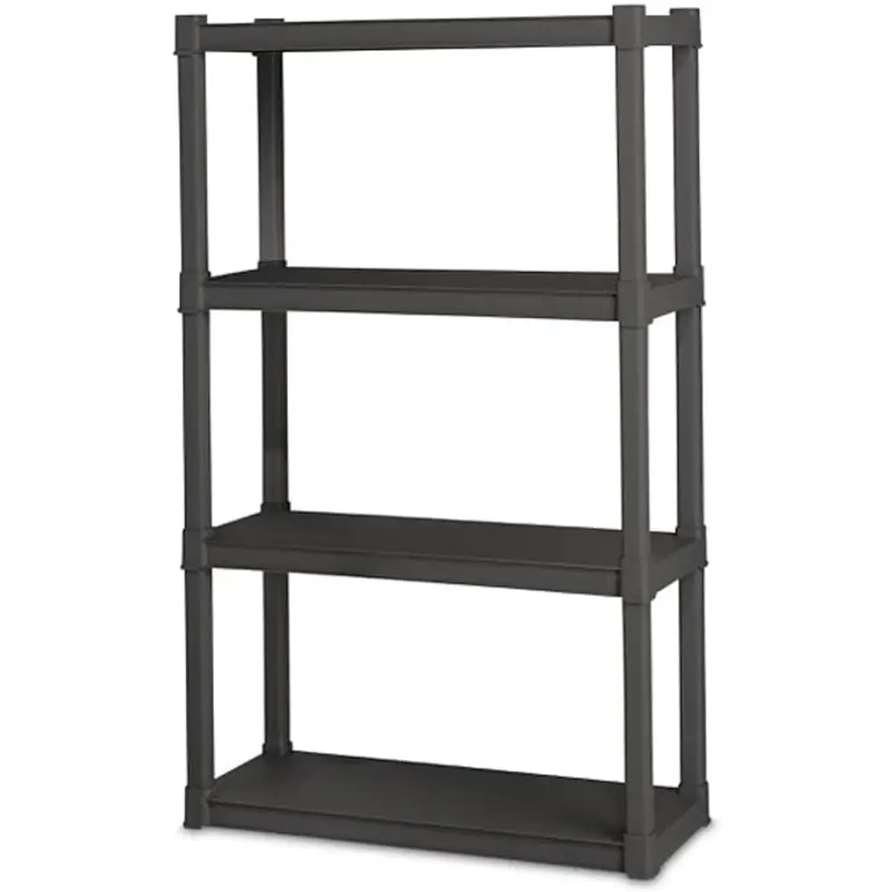 4 Shelf Unit. Heavy Duty and Easy to Assemble Plastic Storage Unit. Organize Bins in the Garage. Basement. Attic. Mudroom. Gray. 1-Pack