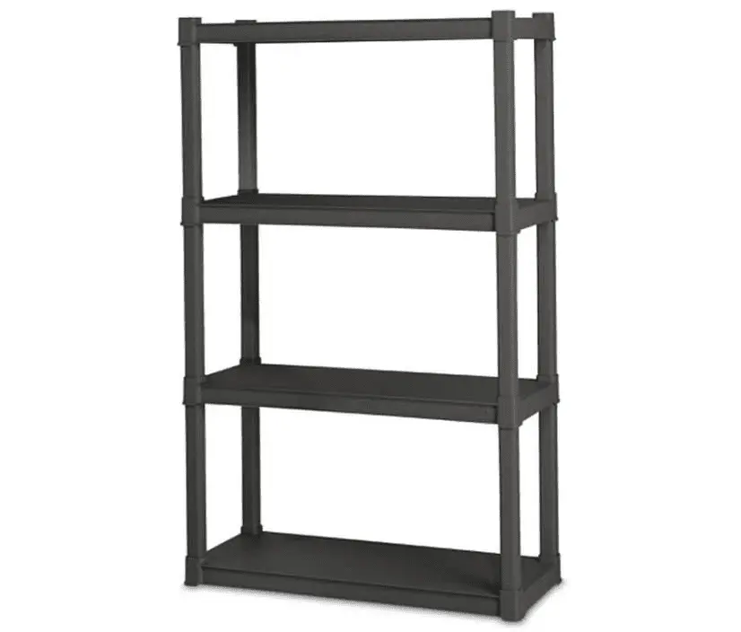 4 Shelf Unit. Heavy Duty and Easy to Assemble Plastic Storage Unit. Organize Bins in the Garage. Basement. Attic. Mudroom. Gray. 1-Pack