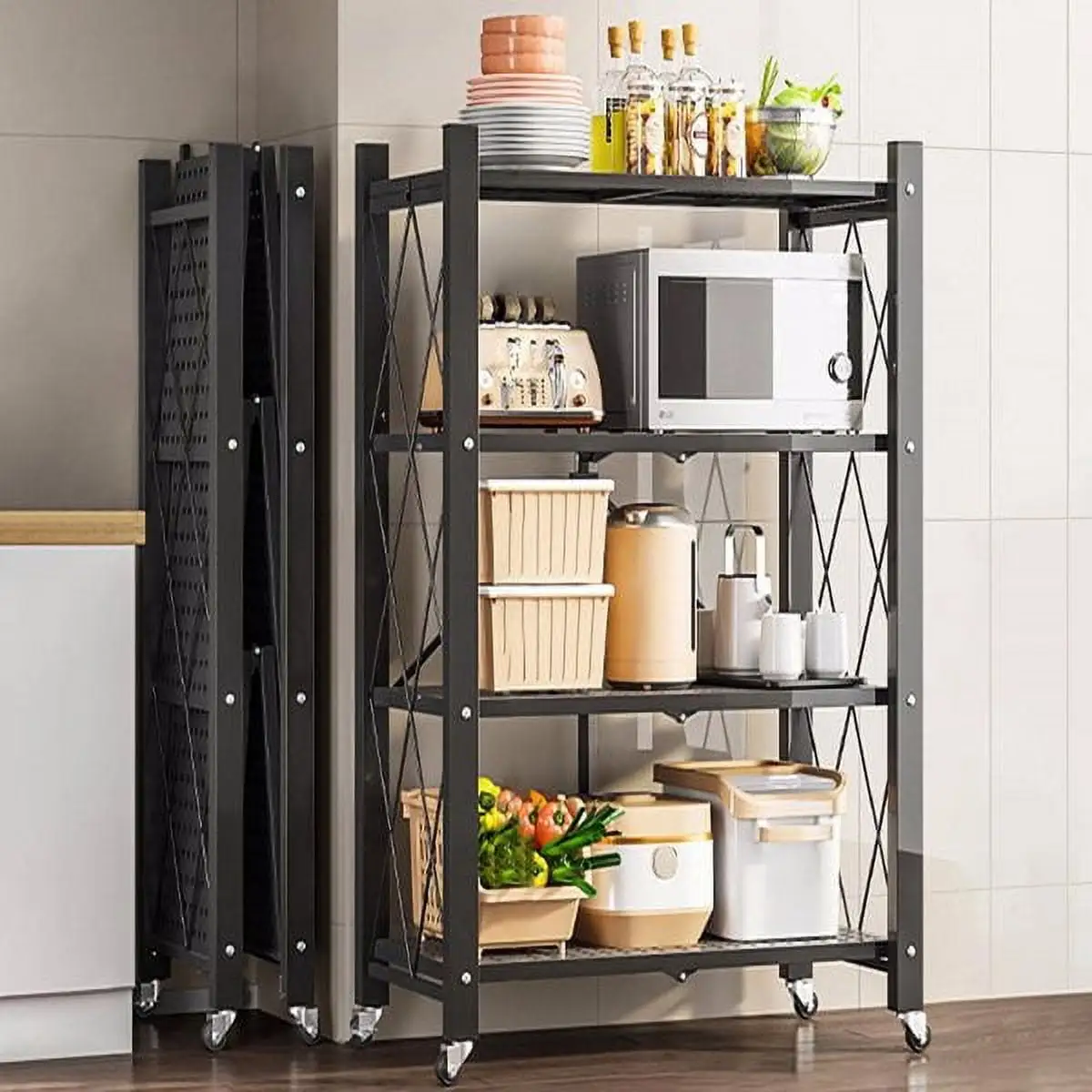 4 Tier Black Heavy Duty Foldable Metal Organizer Shelves with Wheels