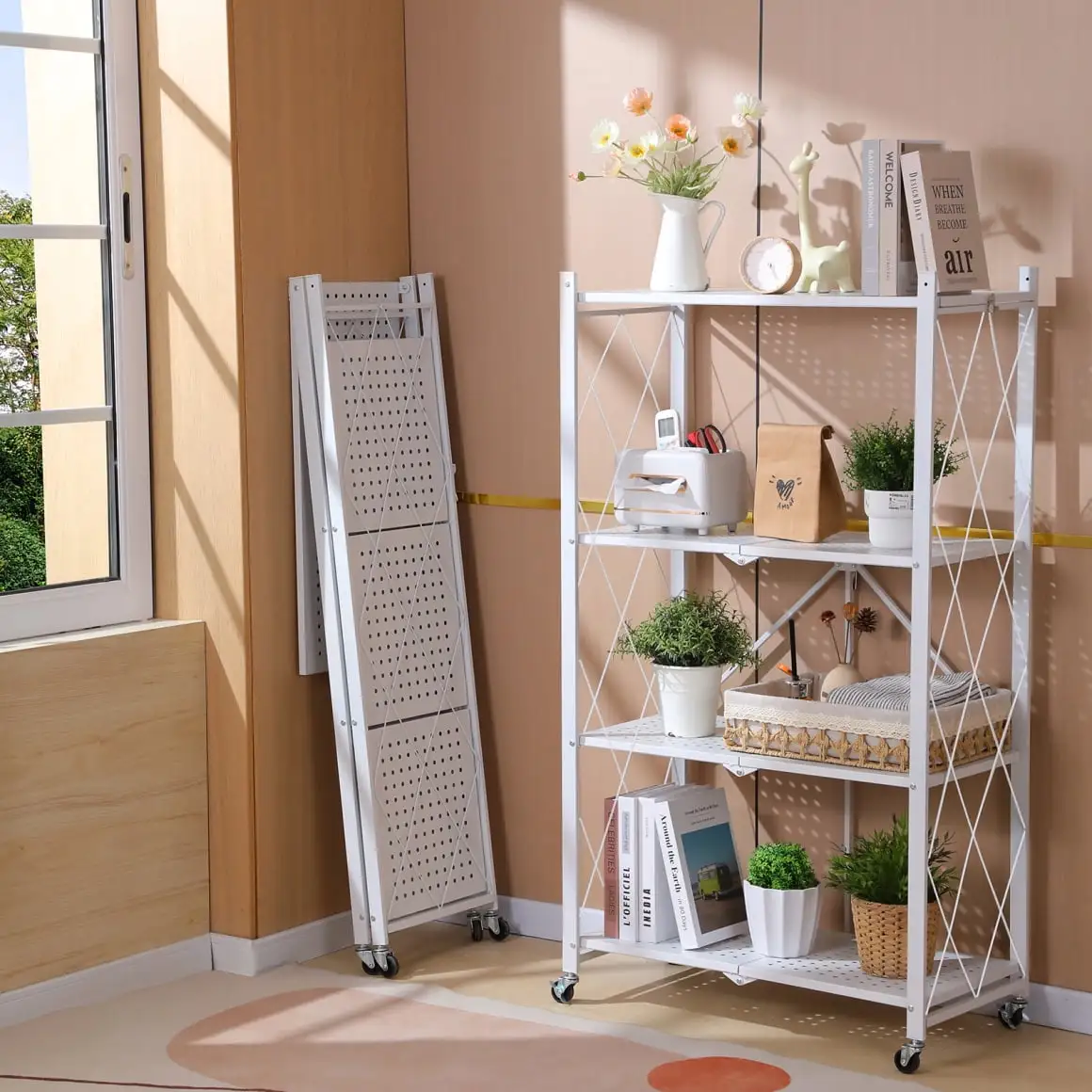 4 Tier Foldable Metal Organizer Shelf with 360 Degree Universal Wheels. 4-layer Large Capacity Storage Shelf Heavy Duty Construction. White