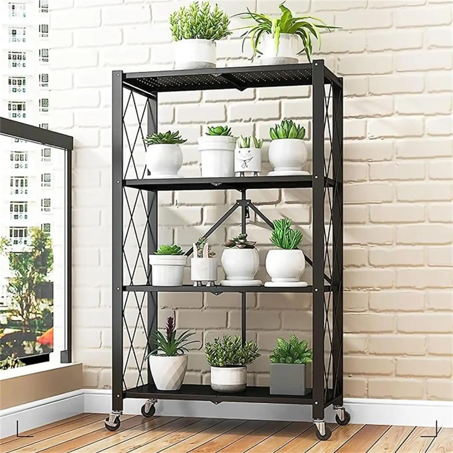 4-Tier Foldable Storage Shelving with Wheels 27.9''x 13.4'' x 47.8'' Moving Shelving Units for Home. Metal Garage Shelf Unit Shelf Fold. Collapsible Kitchen Rolling Cart. Adjustable Organizer Rack