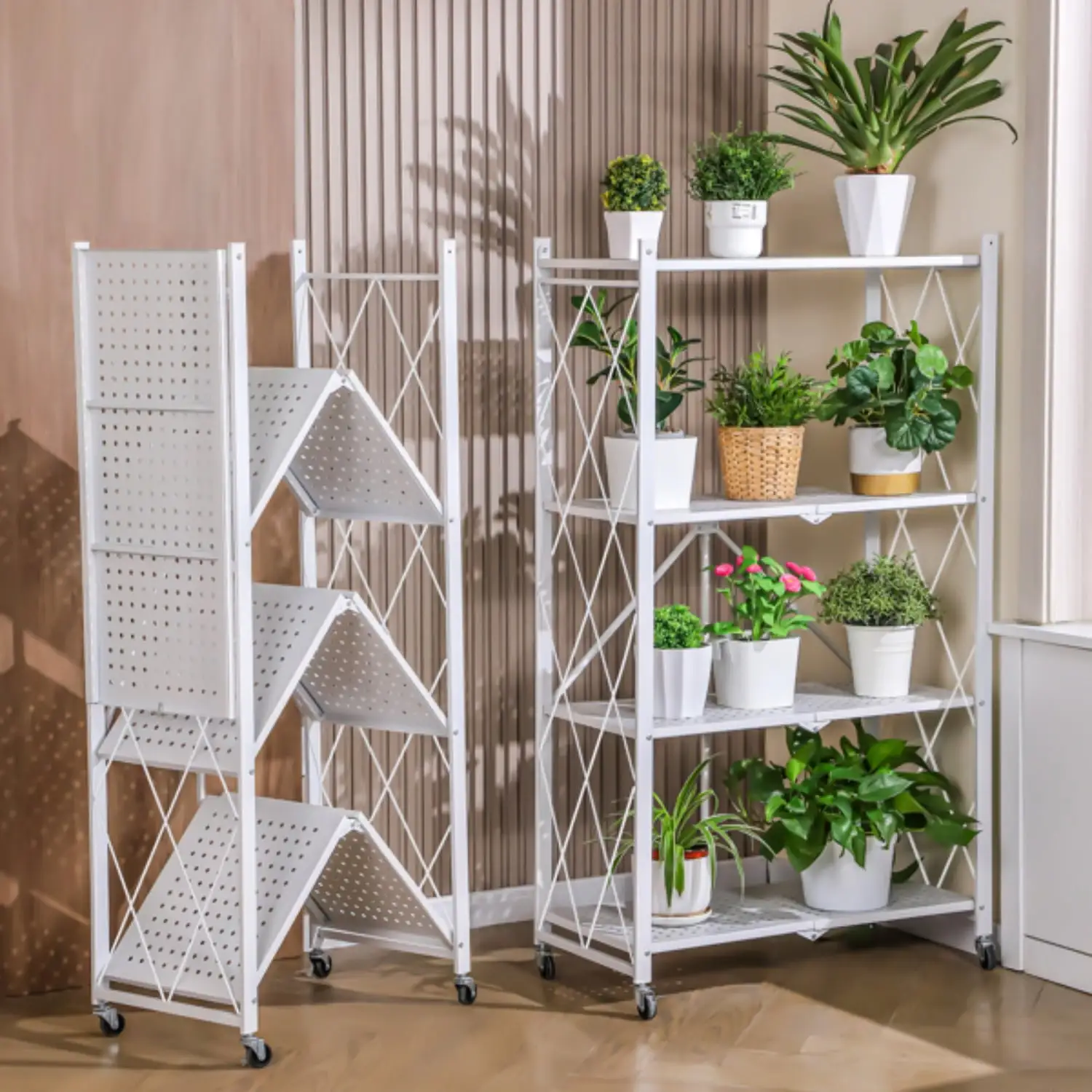 4 Tier Heavy Duty Foldable Metal Organizer Shelves with Wheels (White)