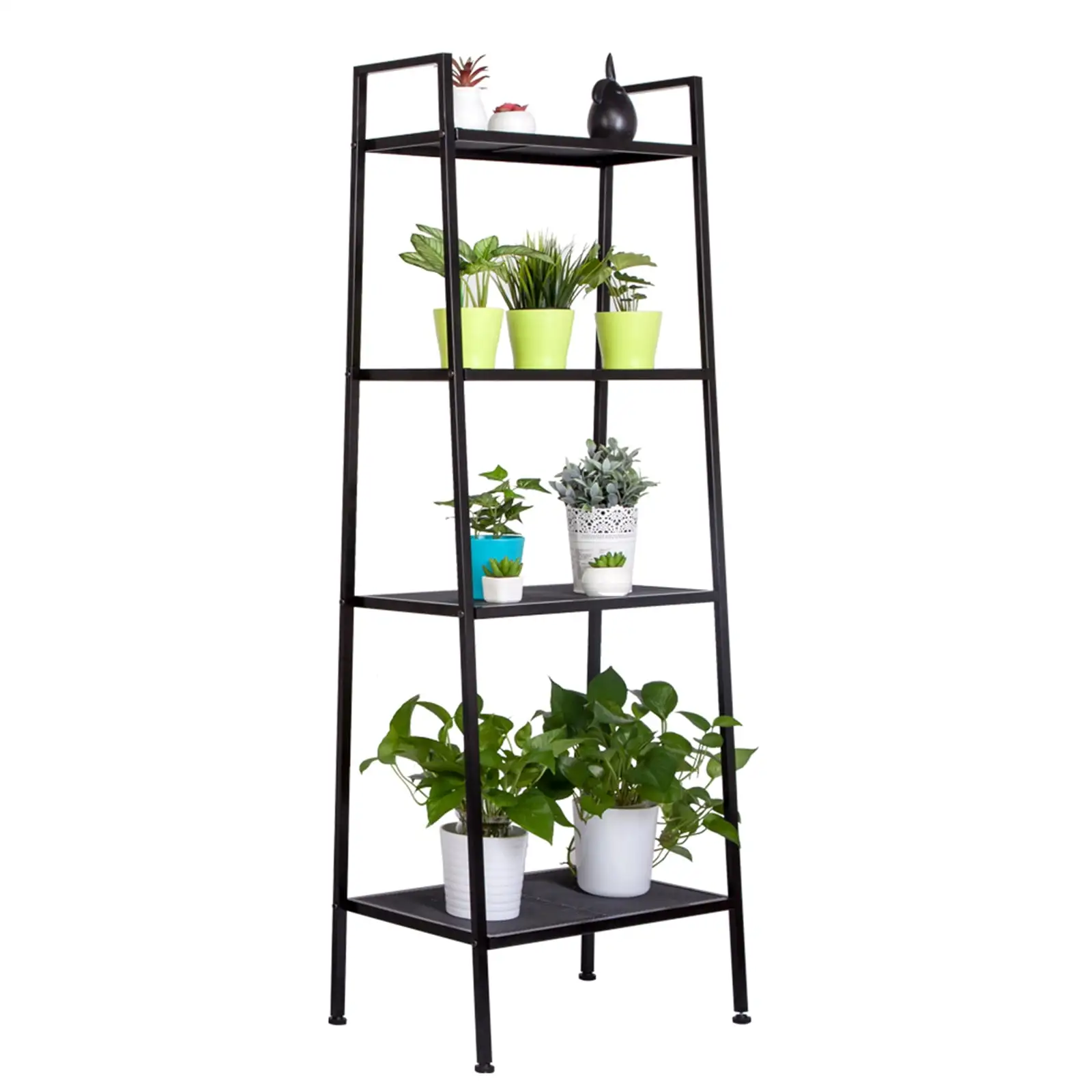 4 Tier Ladder Bookcase Industrial 5-Tier Bookshelf. Free Standing Ladder Shelf with Metal Frame. Utility Organizer Shelves for Plant Flower for Home Office. Black