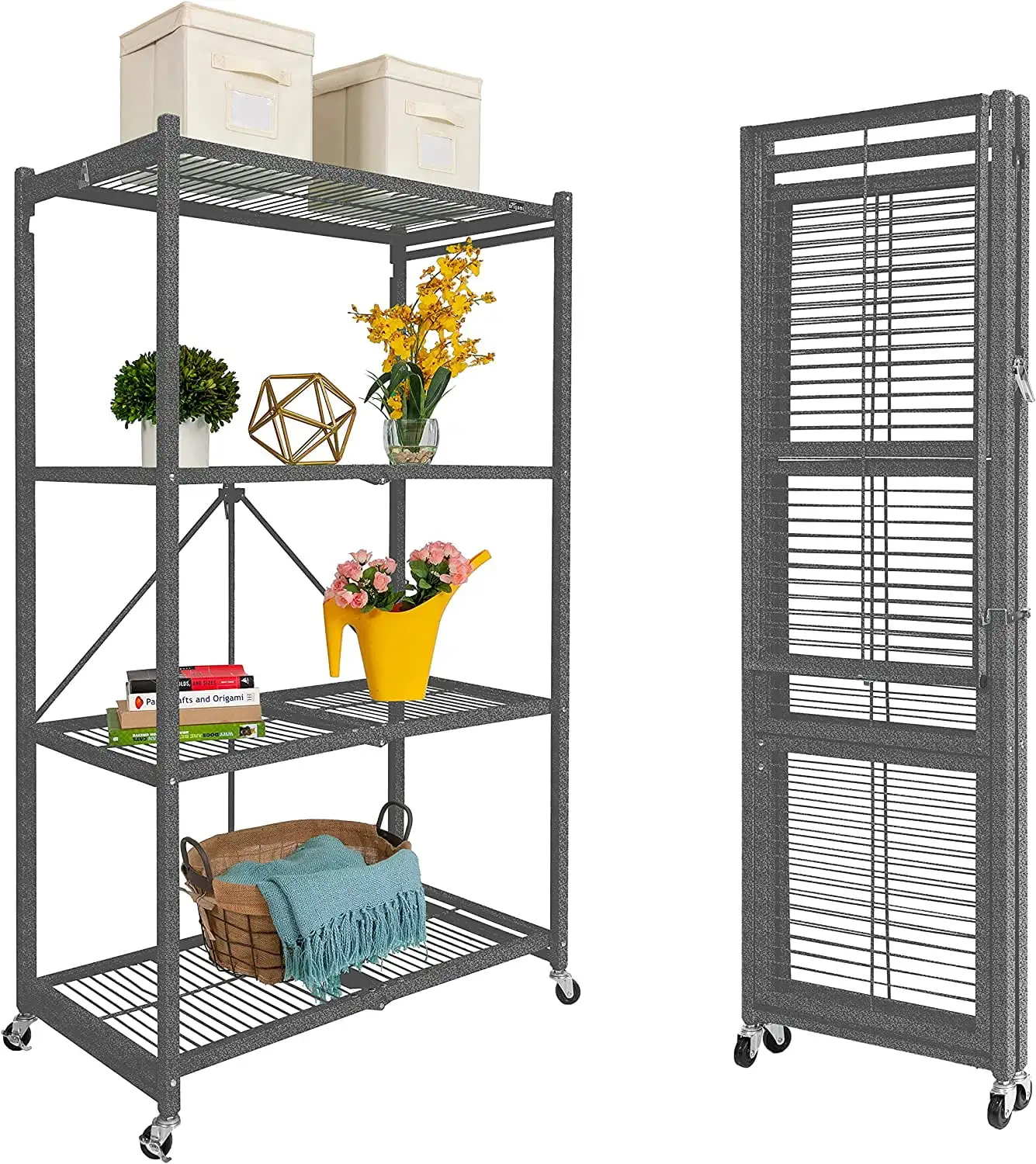 4 Tier Multipurpose Folding Storage Unit Organizer Rack with Lockable Wheels for Home. Office. Garage. and Kitchen. Gray