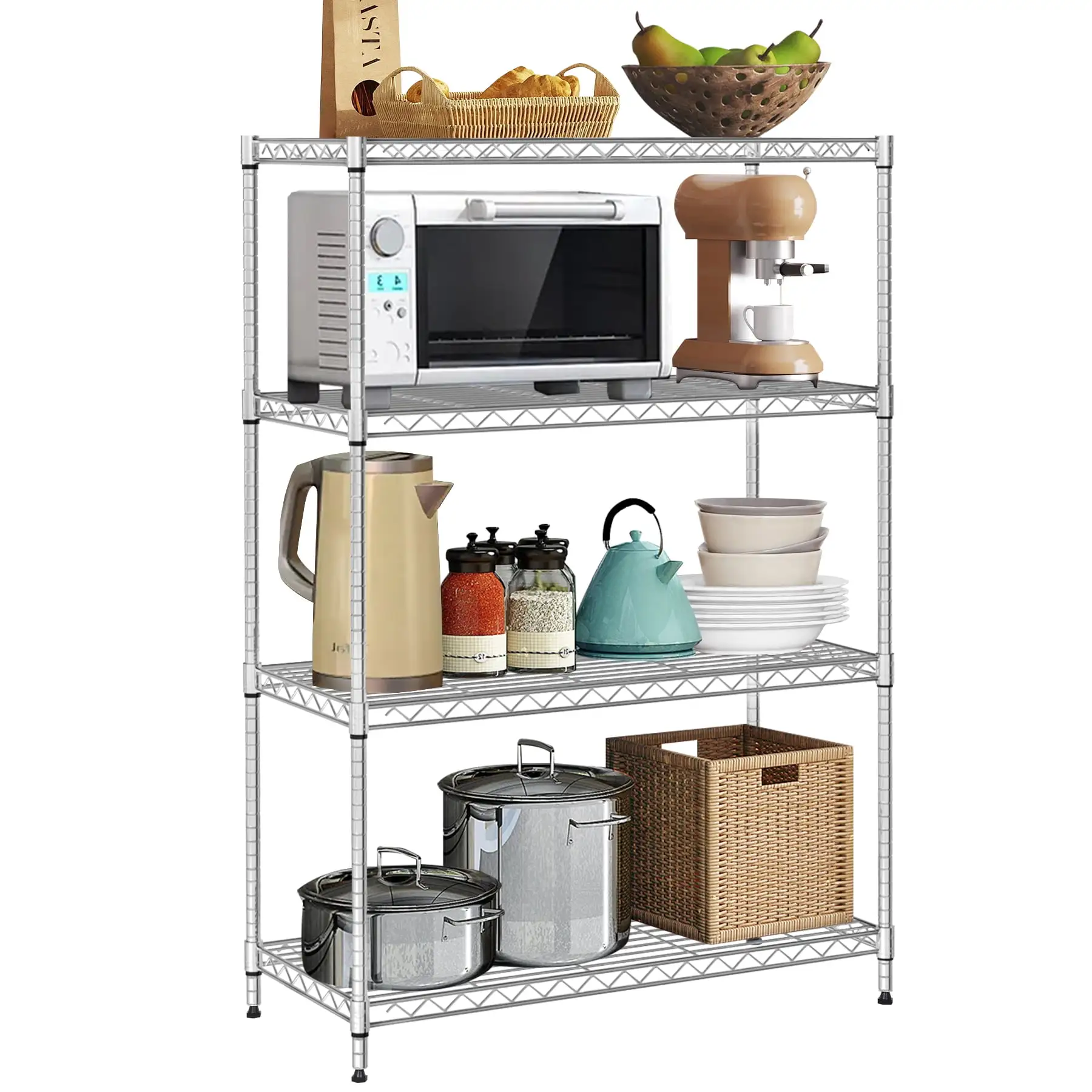 4 Tier Shelf Metal Wire Shelving Unit Adjustable Storage Shelves Storage Rack Heavy Duty Steel Standing Shelf Units for Garage. Kitchen Metal Shelves with Feet Leveler. Chrome