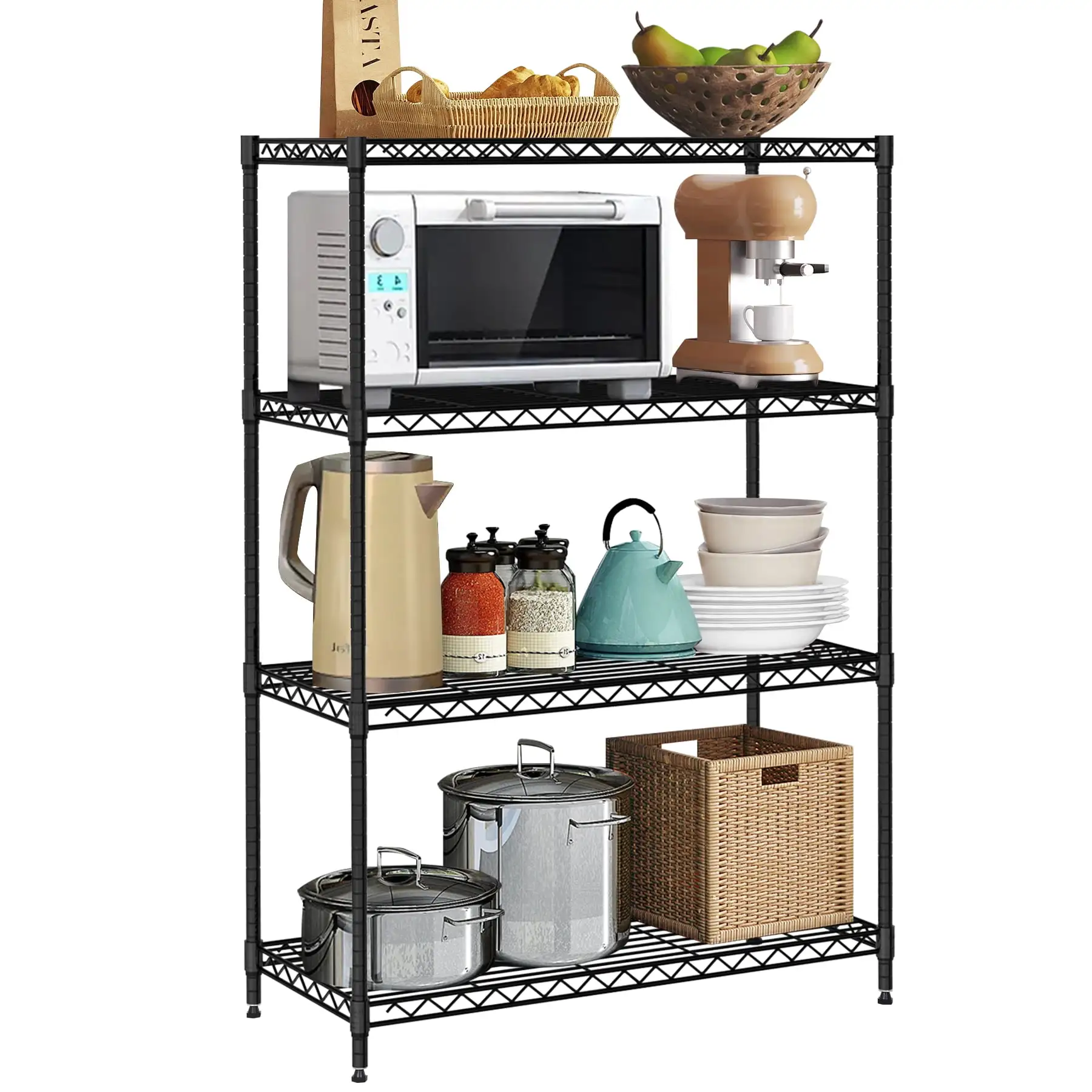 4 Tier Shelf Metal Wire Shelving Unit Adjustable Storage Shelves Storage Rack Heavy Duty Steel Standing Shelf Units for Restaurant. Garage. Kitchen Metal Shelves with Feet Leveler. Black