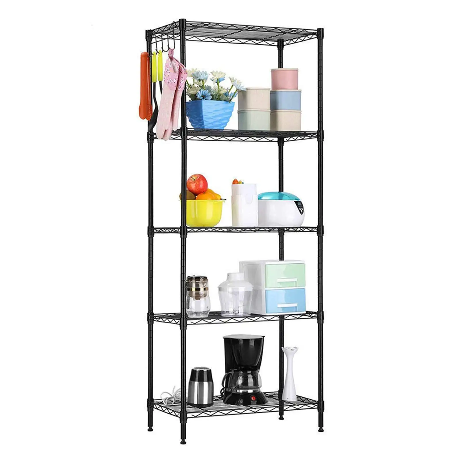 4 Tier Shelving Wire Shelving Unit Storage Height Adjustable Metal Shelves with 4 Side Hooks 260 lbs Capacity Freestanding Shelf Organization for Kitchen Bedroom Garage