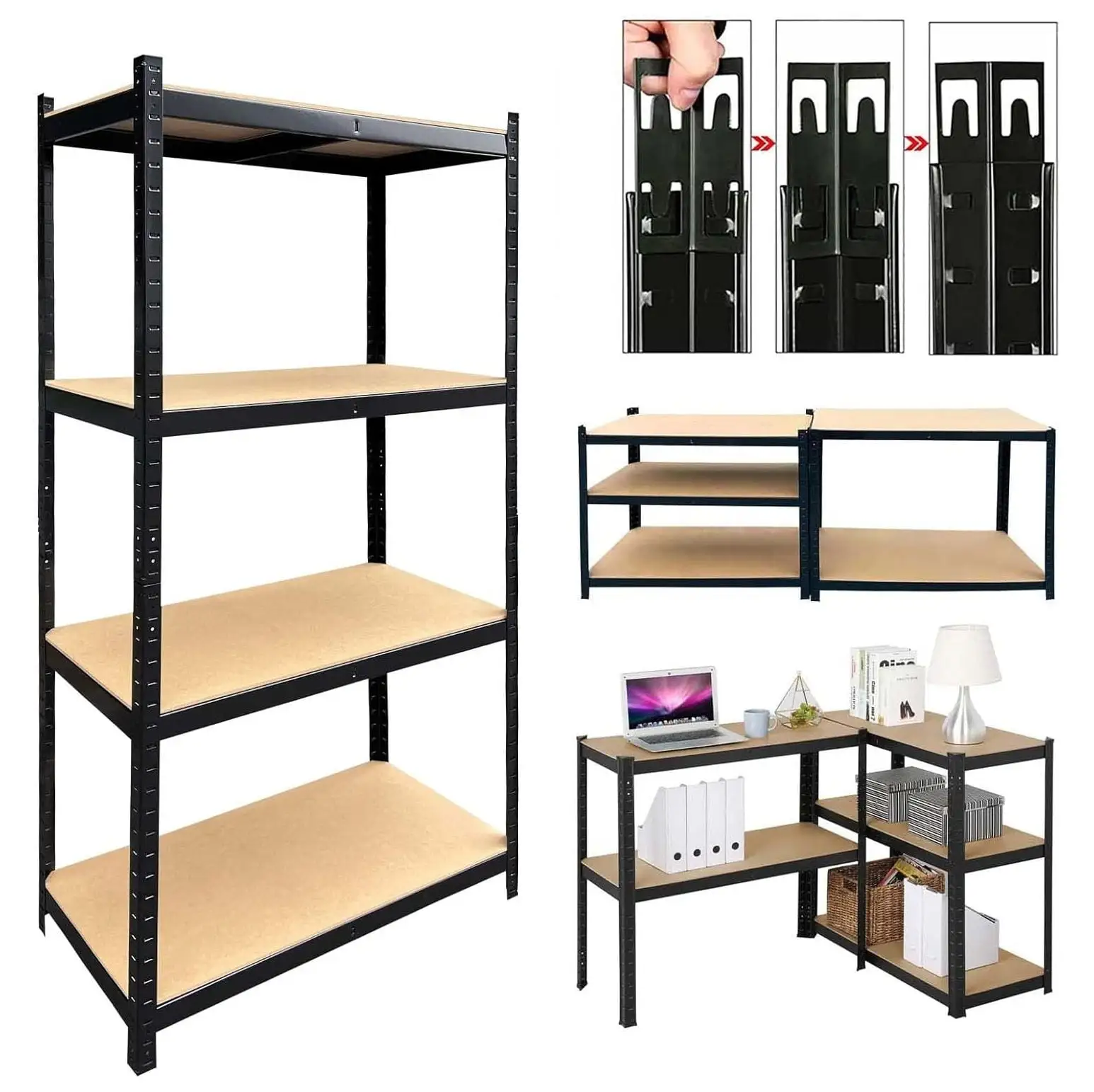 4 Tier Storage Shelve Heavy Duty Metal Shelving Units. Bolt-Free Assembly. 63H x 30W x 16D inch. Adjustable Utility Shelf Steel Storage Rack with Durable MDF Boards for Garage Kitchen Bedroom (Black)