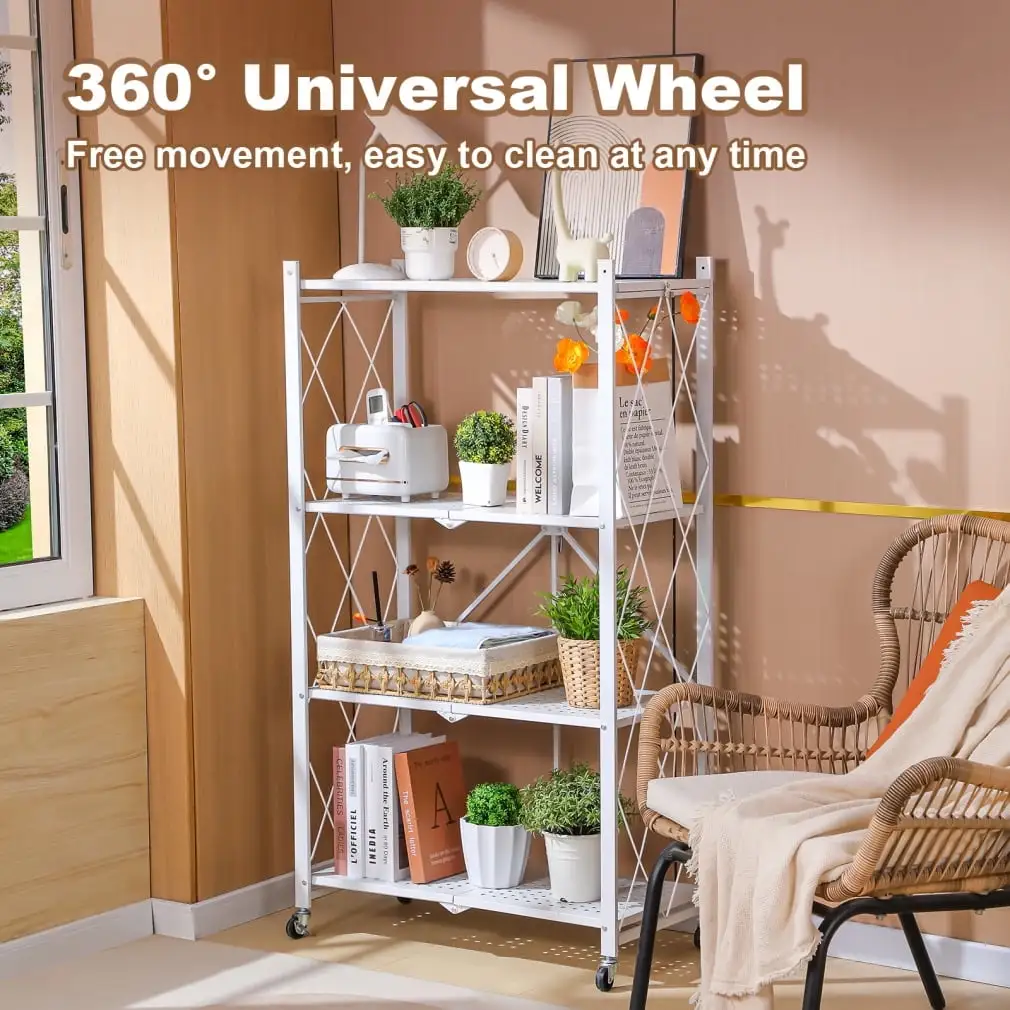 4 Tier White Heavy Duty Foldable Metal Organizer Shelves with Wheels