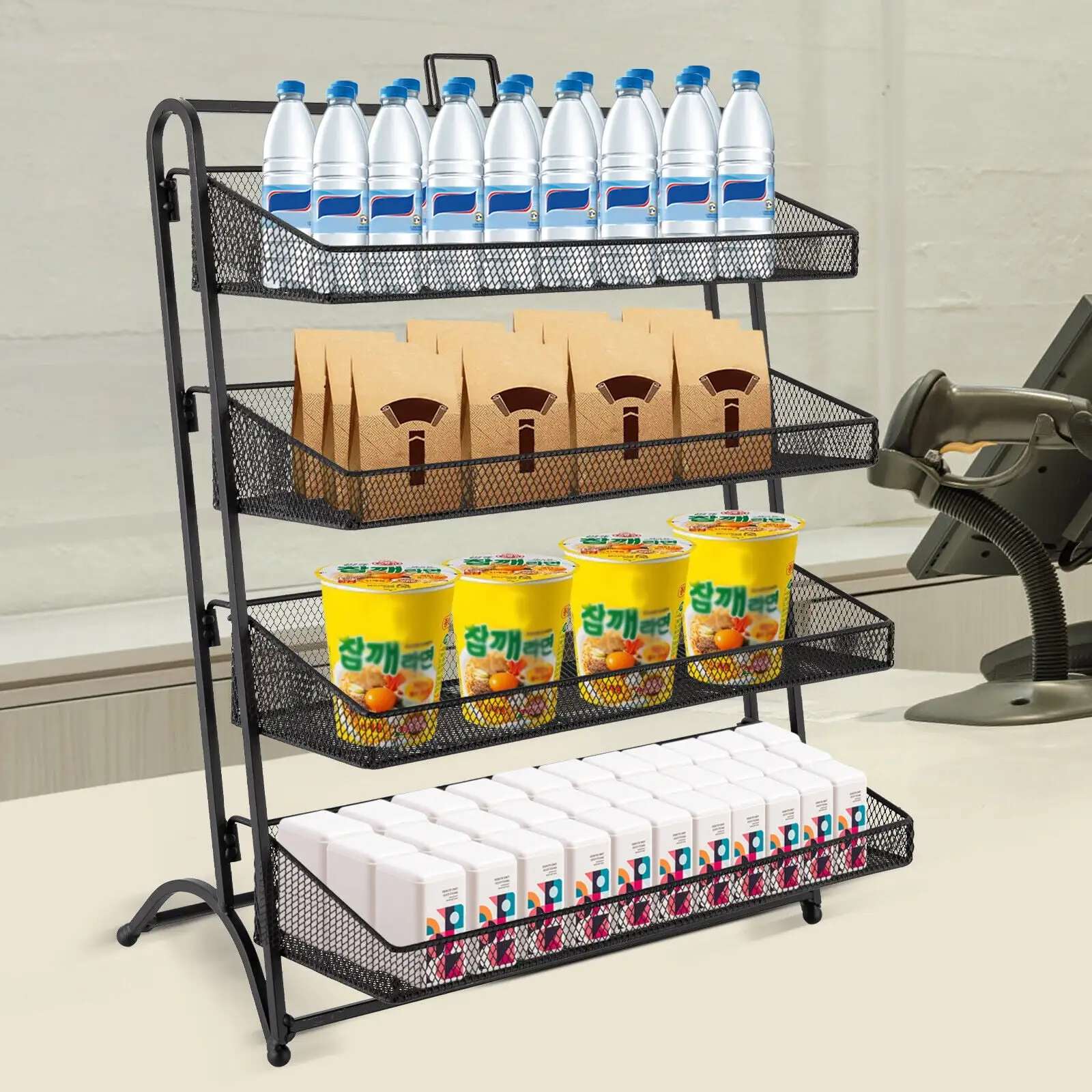 4 Tiers Display Rack Stand Iron Retail Snacks Food Candy Shelf Organizer Black