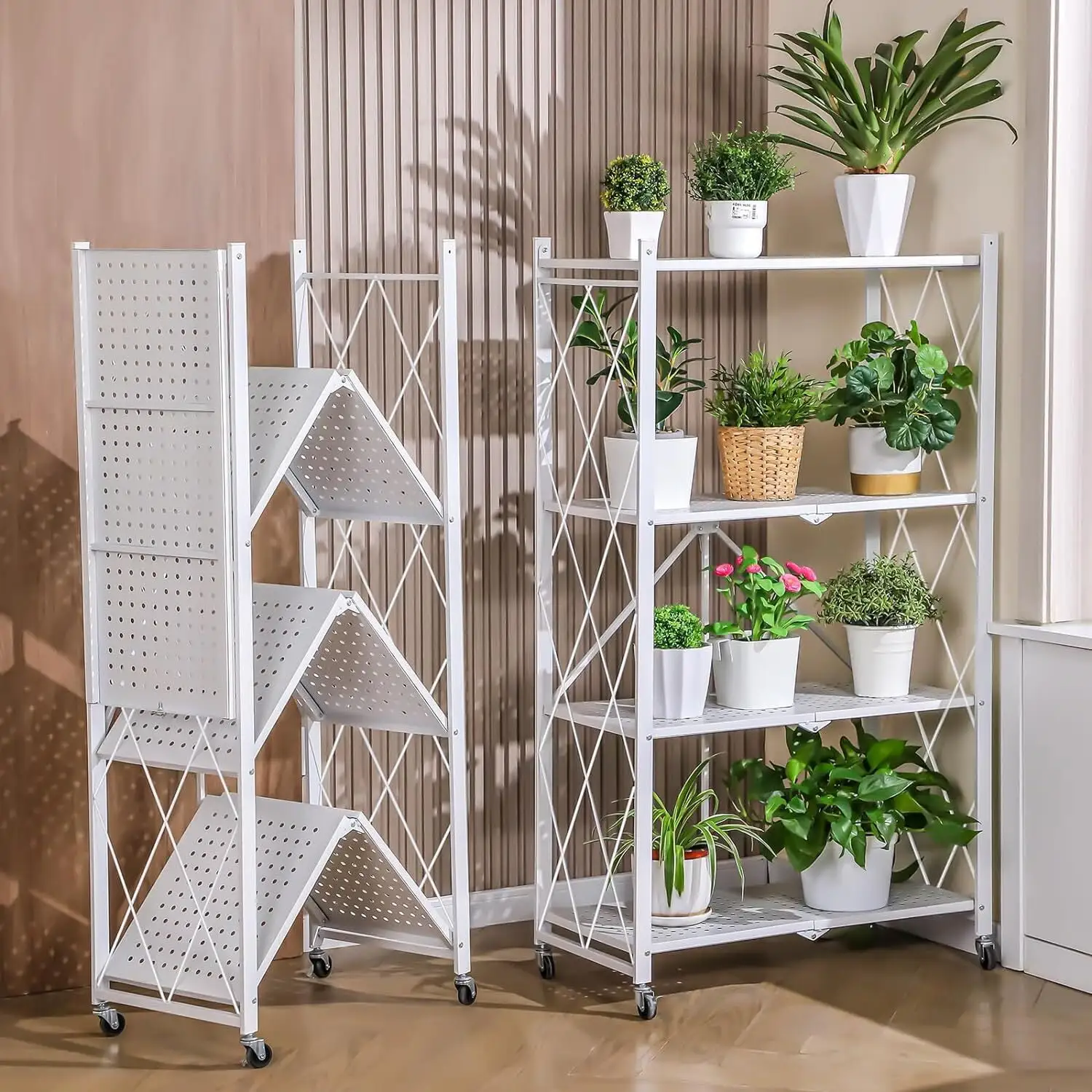 4 Tiers Metal Storage Shelves with Wheels Foldable Garage Shelving No Assembly Shelving Unit for Home Kitchen Living Room Bathroom