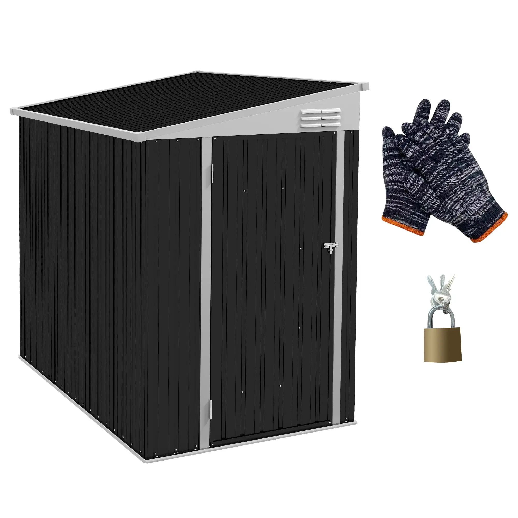 4' X 6' Metal Outdoor Storage Shed. Lean To Storage Shed. Garden Tool Storage House With Lockable Door And 2 Air Vents For Backyard. Patio. Lawn. Dark Gray