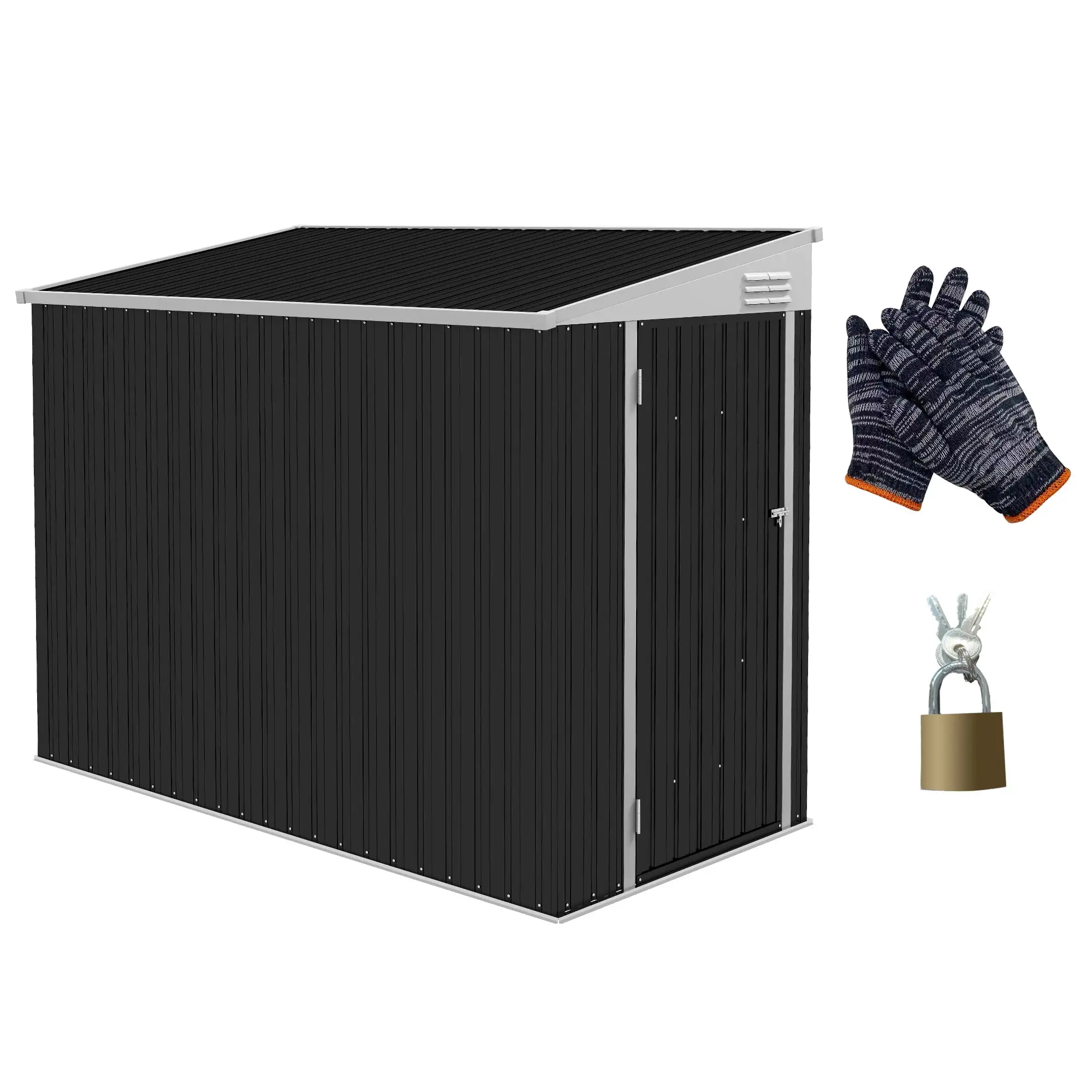 4' X 8' Metal Outdoor Storage Shed. Lean To Storage Shed. Garden Tool Storage House With Lockable Door And 2 Air Vents For Backyard. Patio. Lawn. Dark Gray