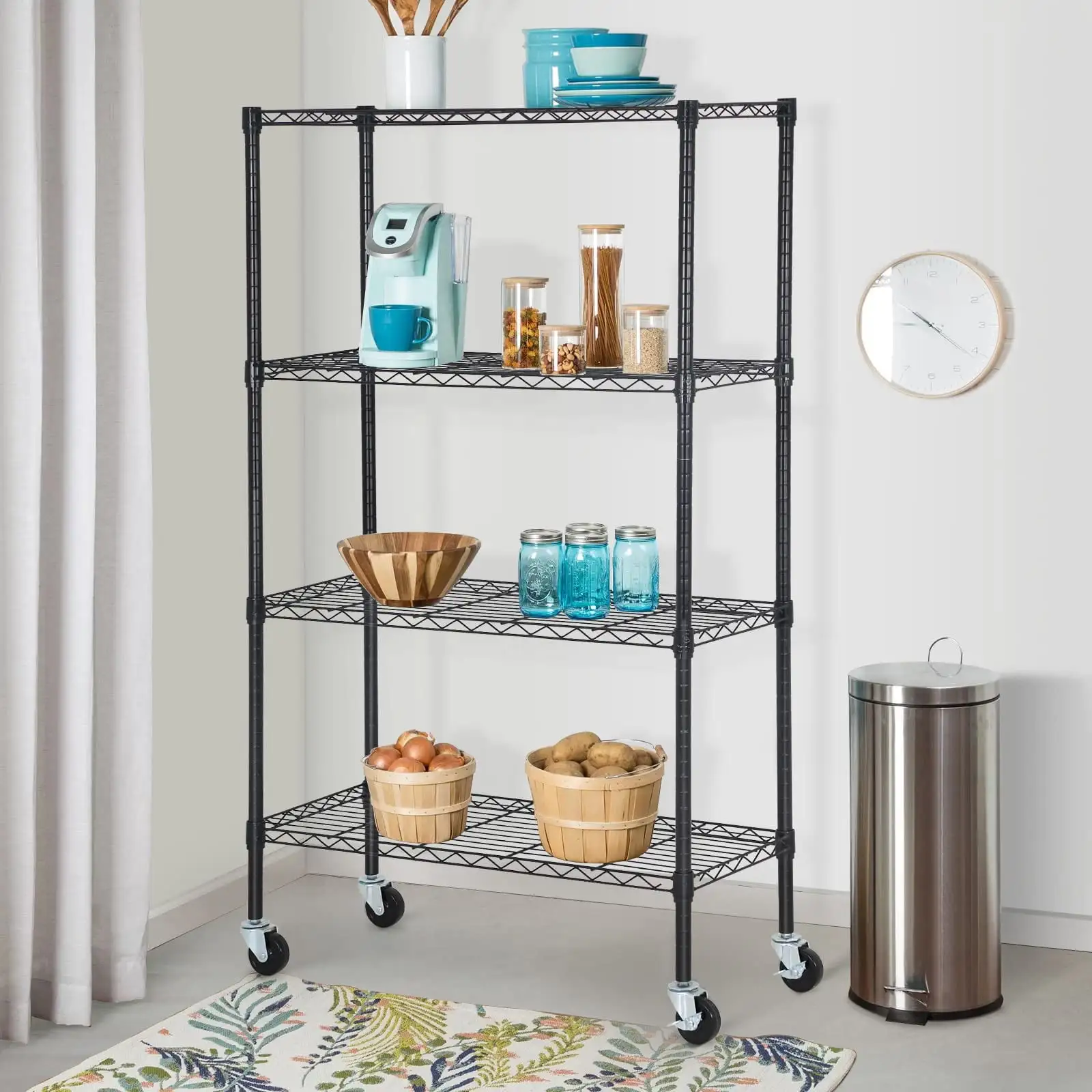 4-tier Wire Shelving Storage Shelves Adjustable NSF Wire Shelf Heavy Duty Storage Shelving Unit on 3 Wheel Casters Commercial Metal Wire Rack 35L x 14W x 61H.Black