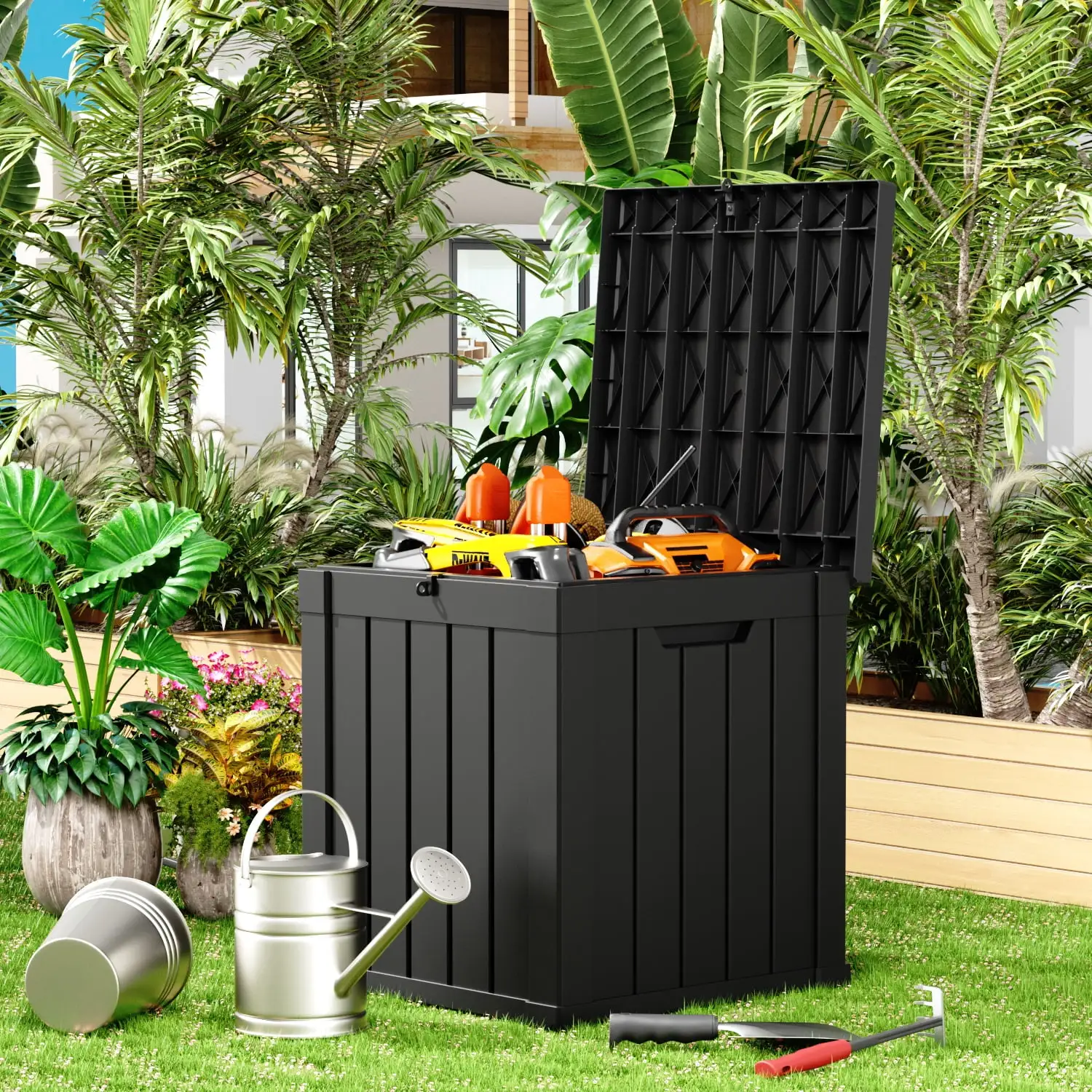 40 Gallon Large Resin Deck Box Outdoor Storage with Cushion for Patio Furniture.Outdoor Cushions.Garden and Pool Supplies-Waterproof.Lockable