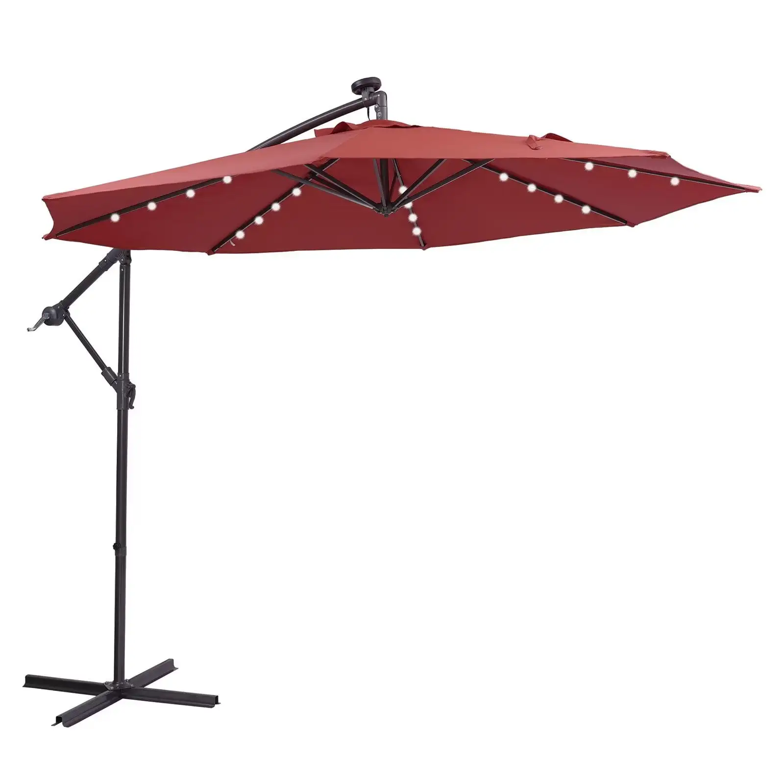 10 Ft Outdoor Patio Umbrella with 32 Solar LED Lights. Hanging Cantilever Pergola with Crank System and Wind Vented Canopy. Round Sunshade with 8 Steel Ribs for Garden.Deck.Backyard.Pool. Red