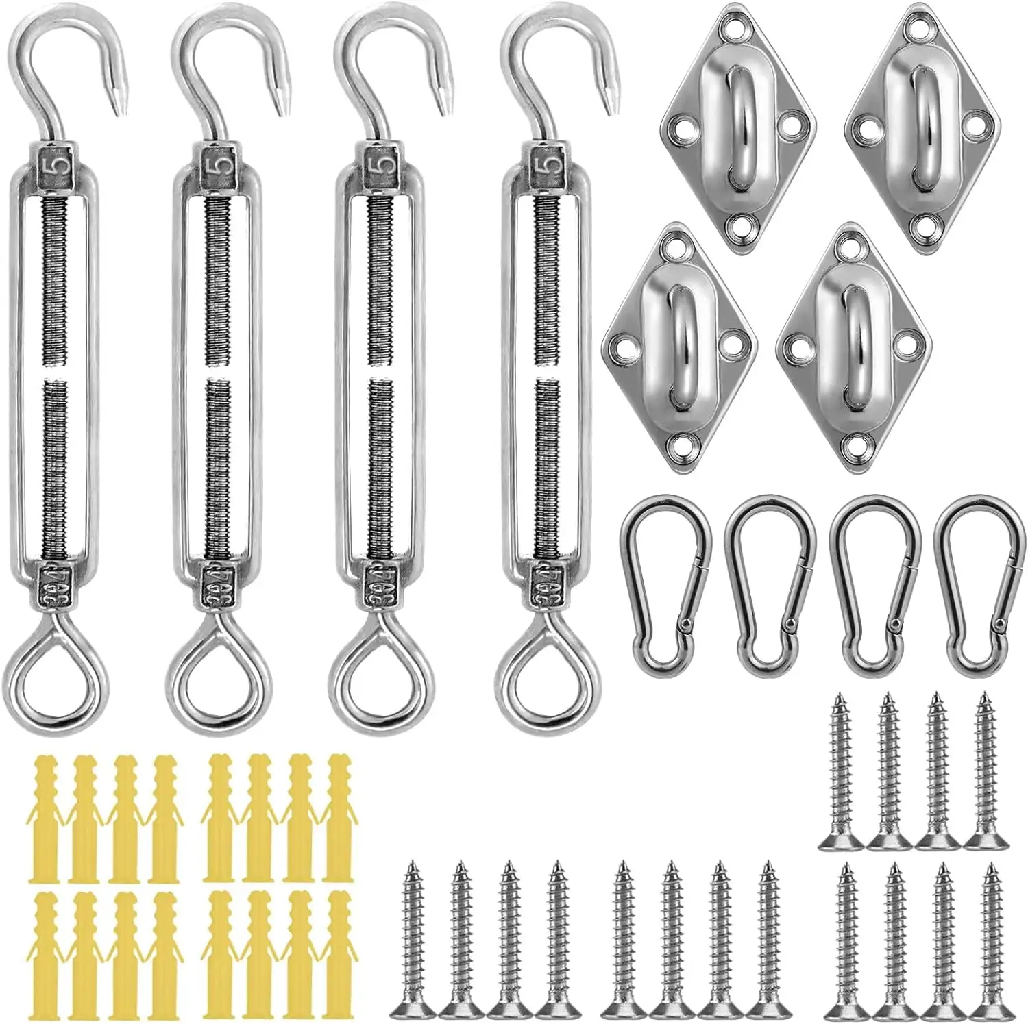 44Pcs Sun Shade Hardware Kit- Retractable 4.5'' to 6.5'' 304 Heavy Duty Stainless Steel Installation Replacement for Installing Rectangle Square Triangle Shade Sail in Outdoor Lawn Garden