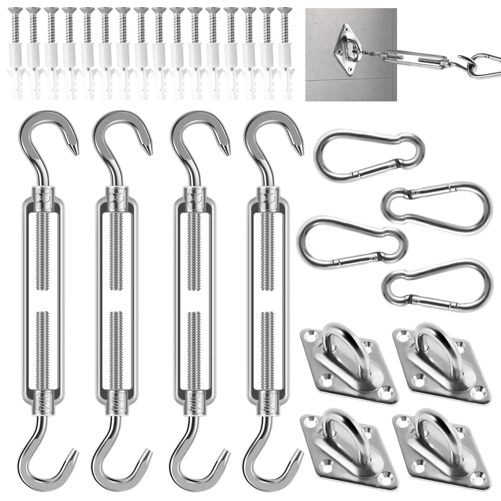 44Pcs Sun Shade Sail Hardware Kit 304 Stainless Steel M6 Awning Fixing Installation Kit Portable Rectangle Square Triangle Shade Sail Mounting Kit Heavy Duty Awning Attachment