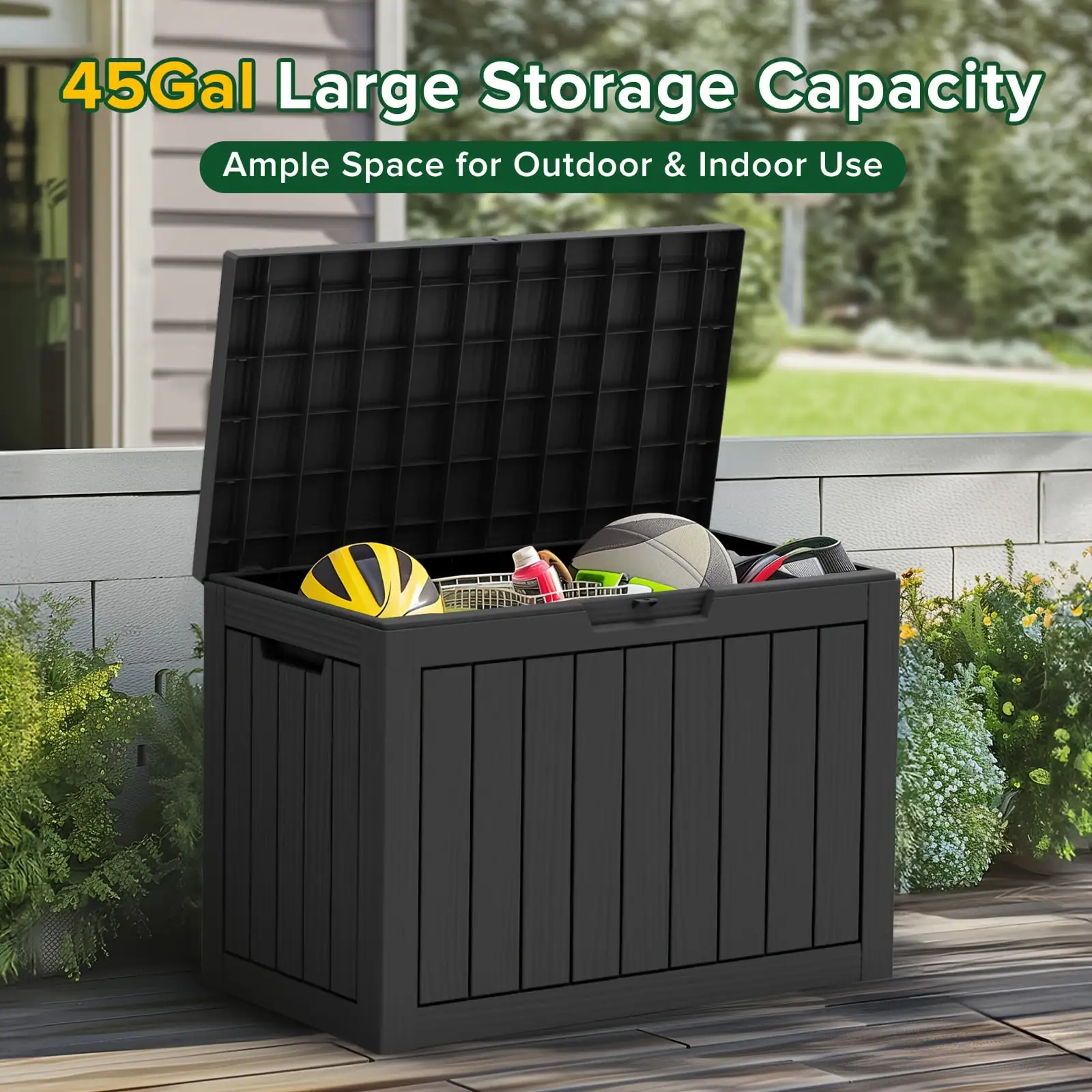 45 Gallon Resin Deck Box. Portable Weather-proof Storage Box for Indoor and Outdoor. Perfect for Pool Accessories. Patio Furniture. Cushions. Toys and Garden Tools - Black