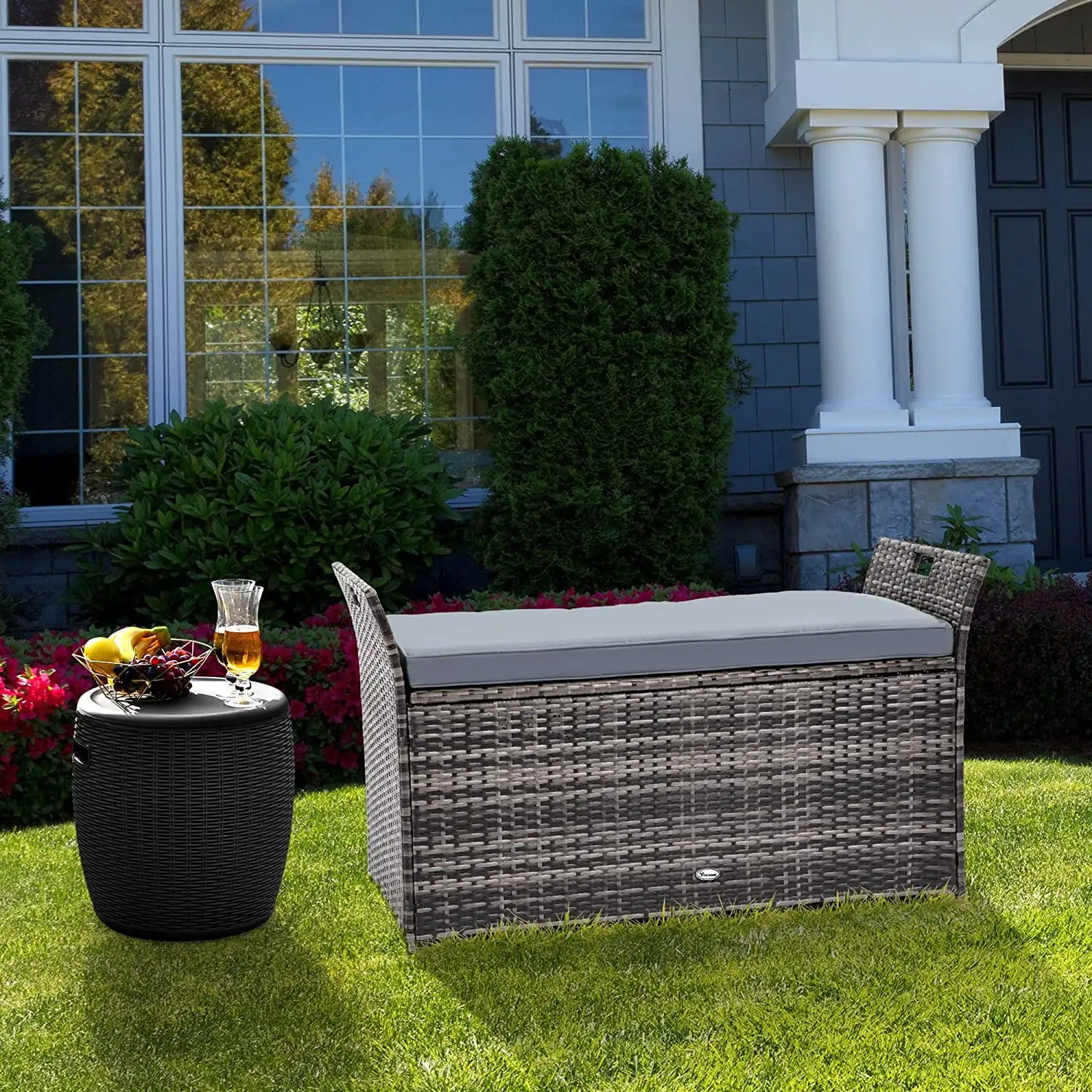 DWVO 90 Gallon Outdoor Wicker Storage Bench w/Cushion. Large PE Rattan Deck Storage Box w/Handles & Hydraulics for Patio Furniture. Cushions. Garden Tools. Pool & Sports Equipment. Gray