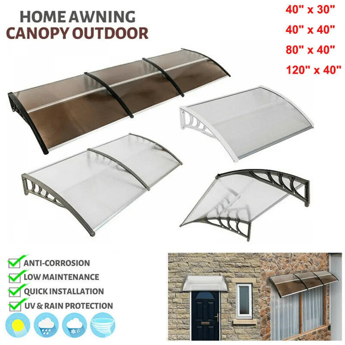 Goorabbit Door Awnings. Modern Polycarbonate Front Door Canopy. Patio Awning Canopy Window Door Cover for Rain Snow Sunlight Protection Hollow Sheet(29x39- White & Black Bracket)