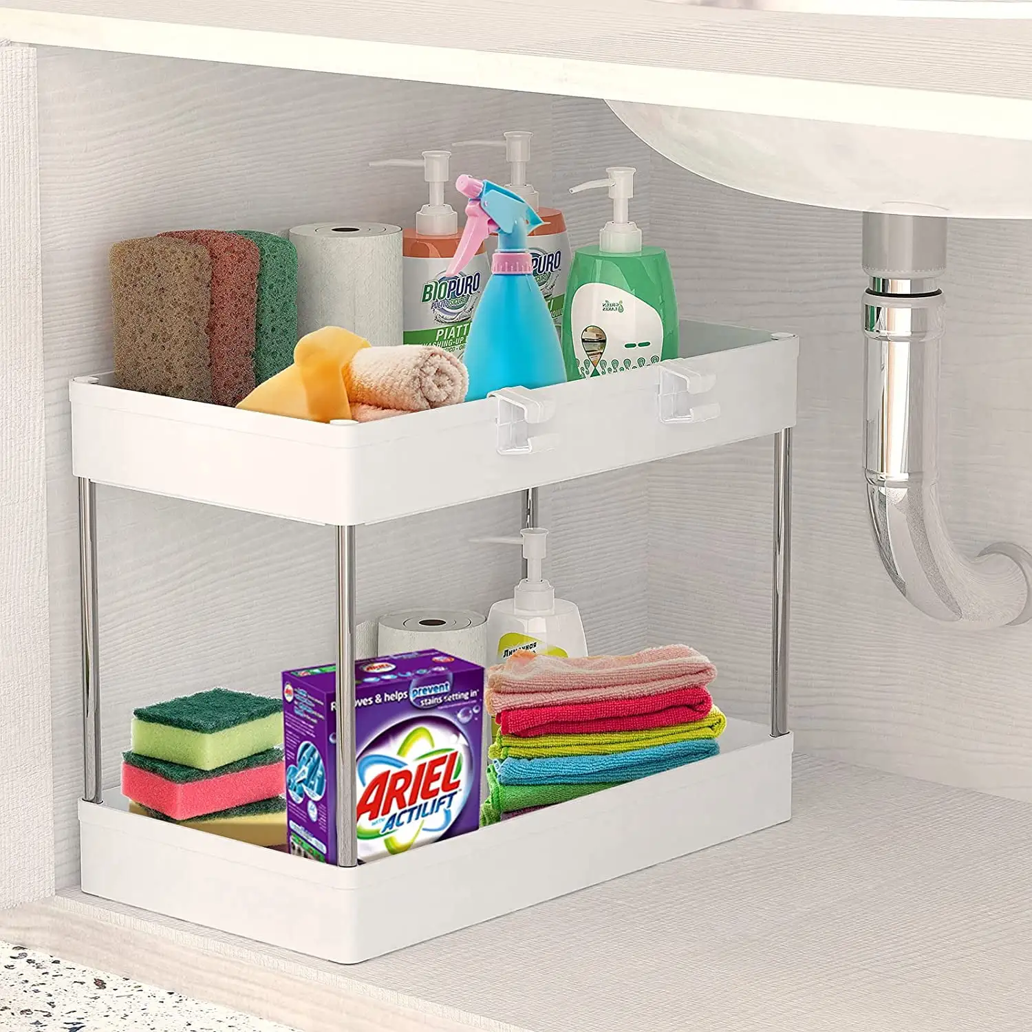 Under Sink Organizer. 2 Tier Under Sink Storage Organizer. Bathroom Standing Rack. Bath Collection Slide-out Baskets with Hooks. Multi-purpose Storage Shelf for Bathroom Kitchen. White