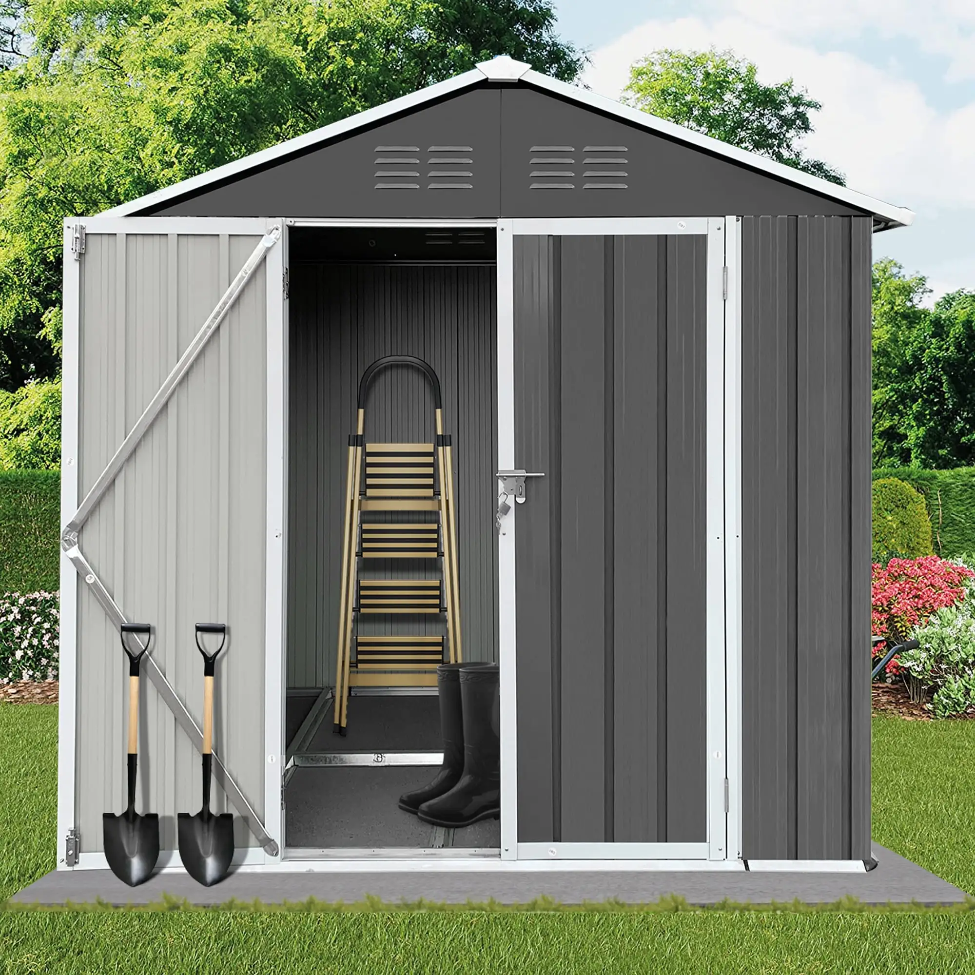 6 x 4FT Outdoor Storage Shed. Seizeen Galvanized Steel Sheds for Garden Backyard. Patio. All-Weather Sloped Top Metal Shed with Bottom Frame. Heavy-Duty Thickened Outdoor Storage W/Shutter Vent. Gray