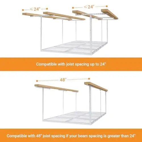 4ftx8ft Overhead Garage Storage Rack. Heavy-Duty Metal Garage Ceiling Storage Rack. 22''-40 Adjustable Ceiling Drop-Down. 600 lb. Loading Weight Capacity. White