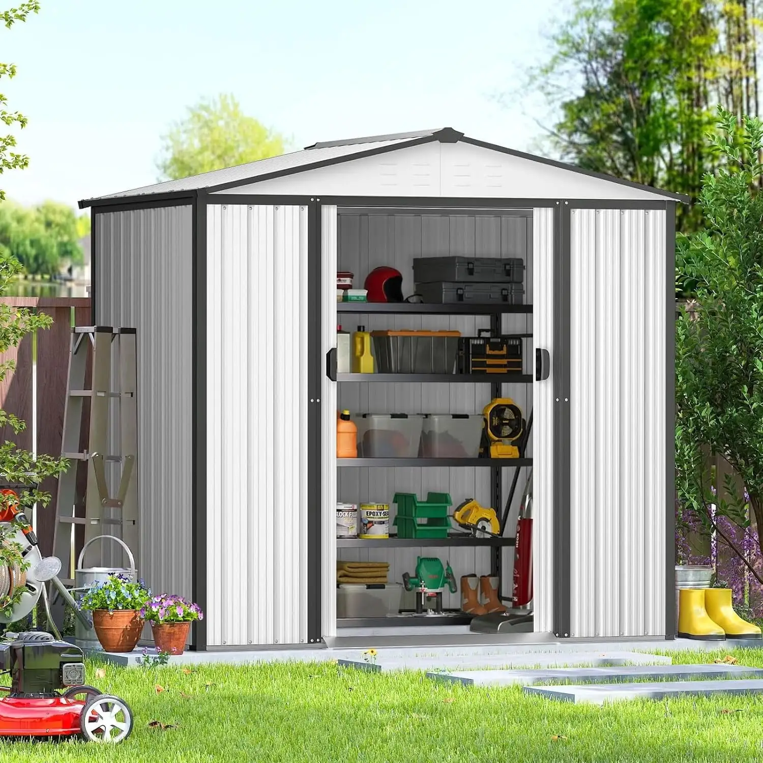 4x6 FT Outdoor Metal Storage Shed with Double Sloping Roof White