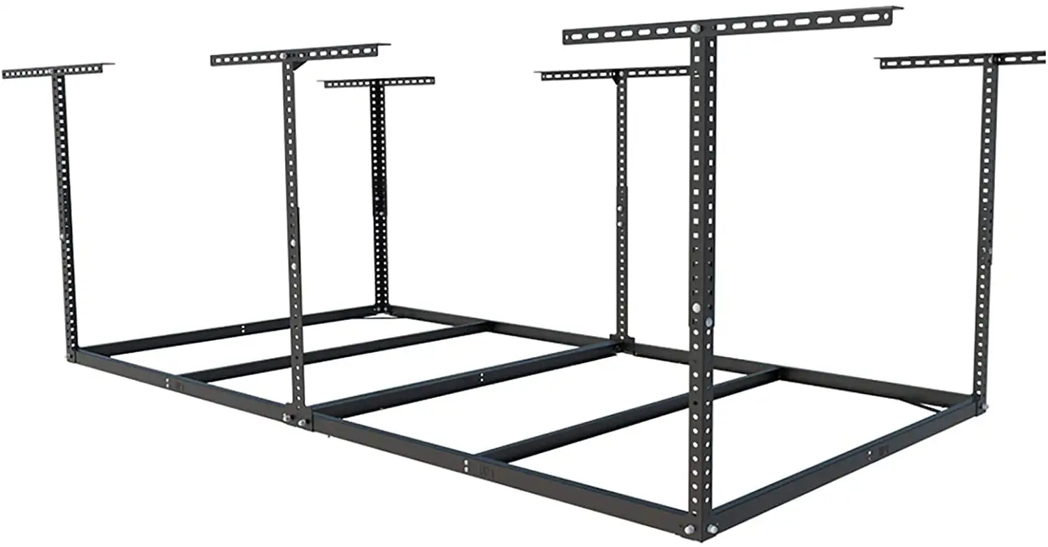 4x8 Overhead Garage Storage Rack without Decking. Heavy Duty Metal Garage Ceiling Storage Racks. 600lbs Weight Capacity. Black