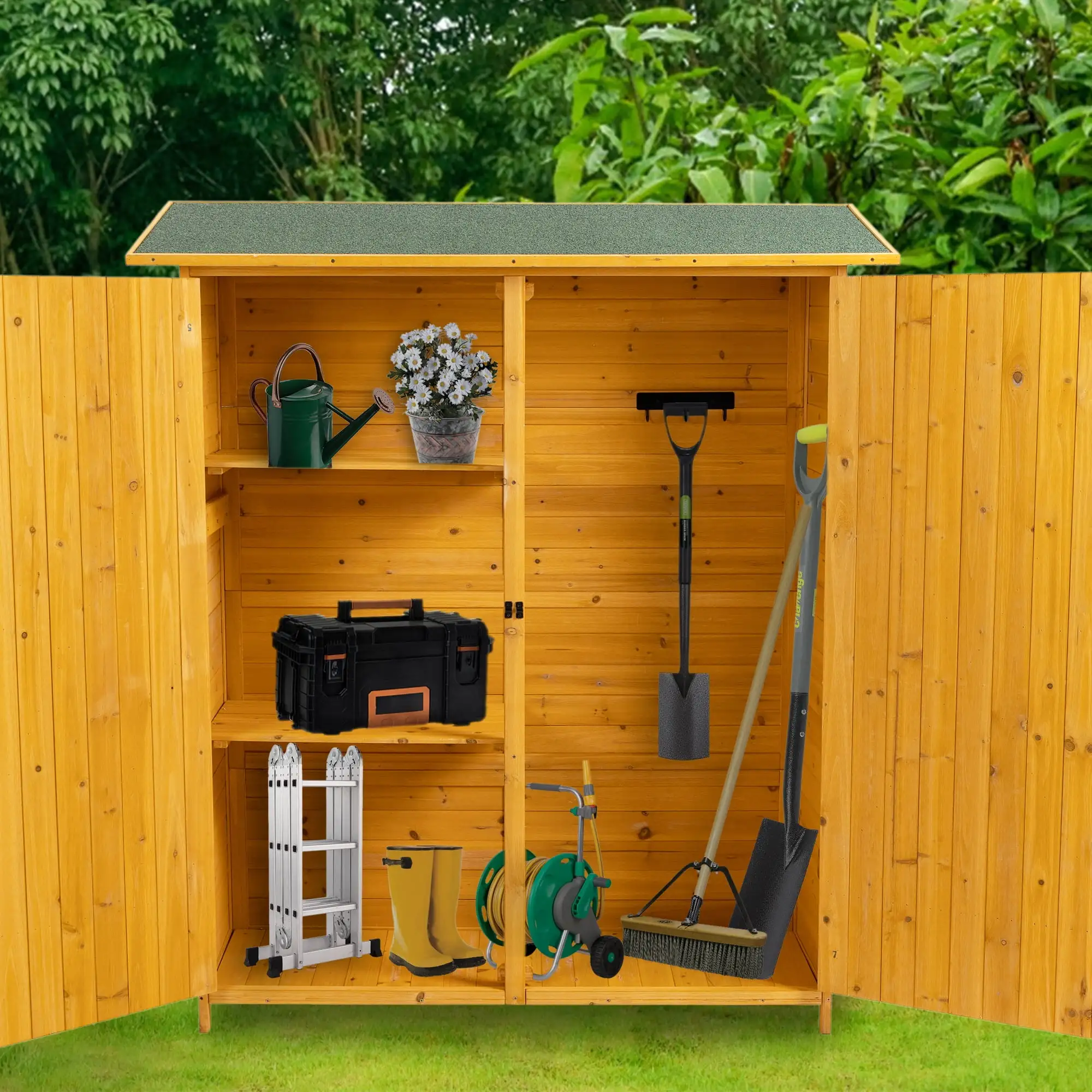 5.3' x 4.6' Outdoor Storage Shed. SYNGAR Wood Vertical Storage Organizer with Shelves and Lockable Doors. Tools Storage Cabinet with Waterproof Asphalt Roof. for Garden. Yard. Natural. D7310