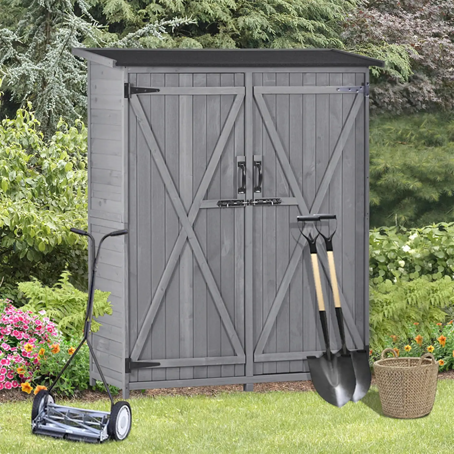 5.3FT x 4.6FT Wood Storage Shed Tool Organizer. Patio Storage Cabinet with Waterproof Asphalt Roof. Outdoor Garden Shed with Double Lockable Doors and 3-tier Shelves for Backyard Lawn. Gray