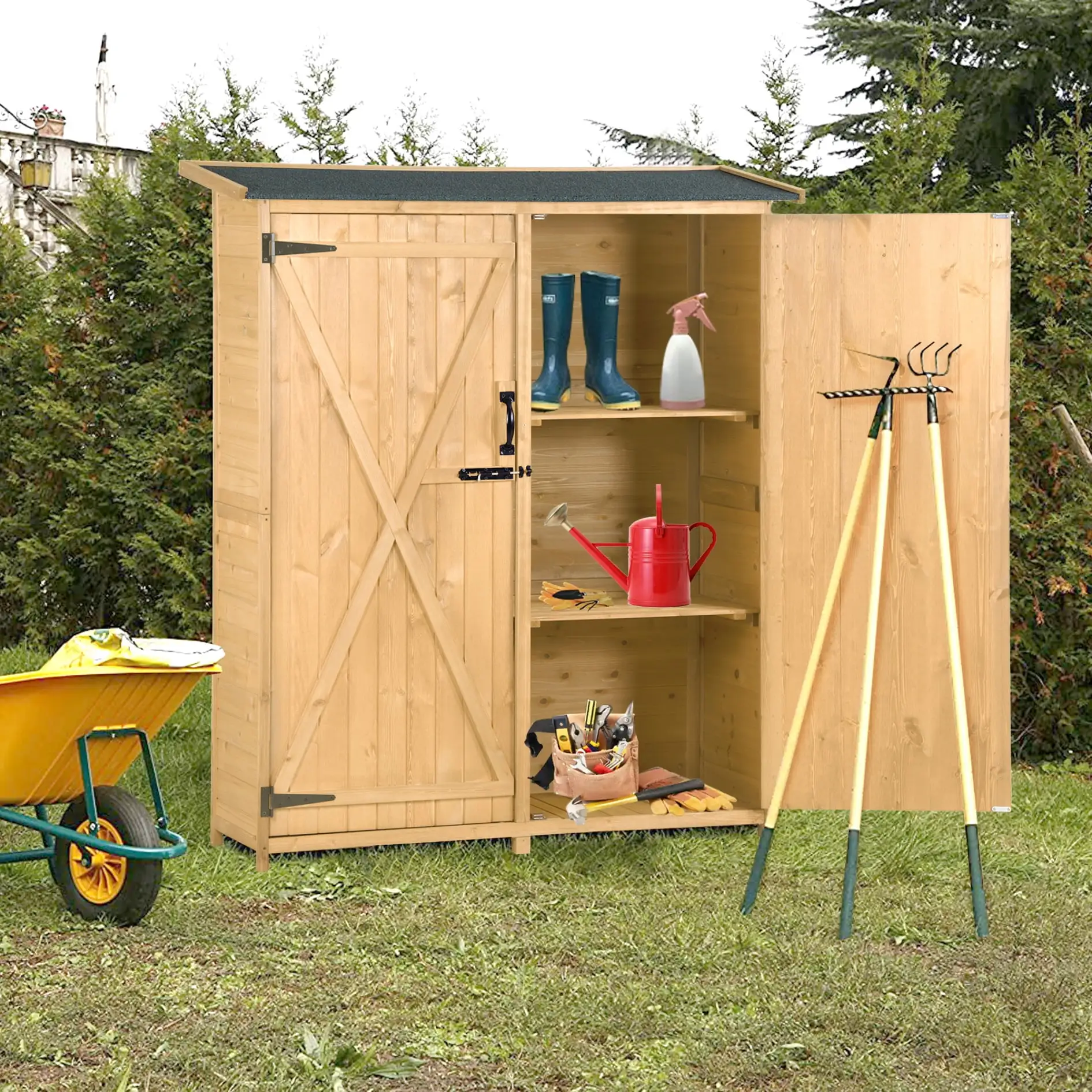 5.3ft Hx4.6ft Outdoor Storage Cabinet Garden Shed. Wooden Shed with Waterproof Asphalt Roof. Double Lockable Doors. and Spacious Shelves for Backyard and Tool Organization. Natural